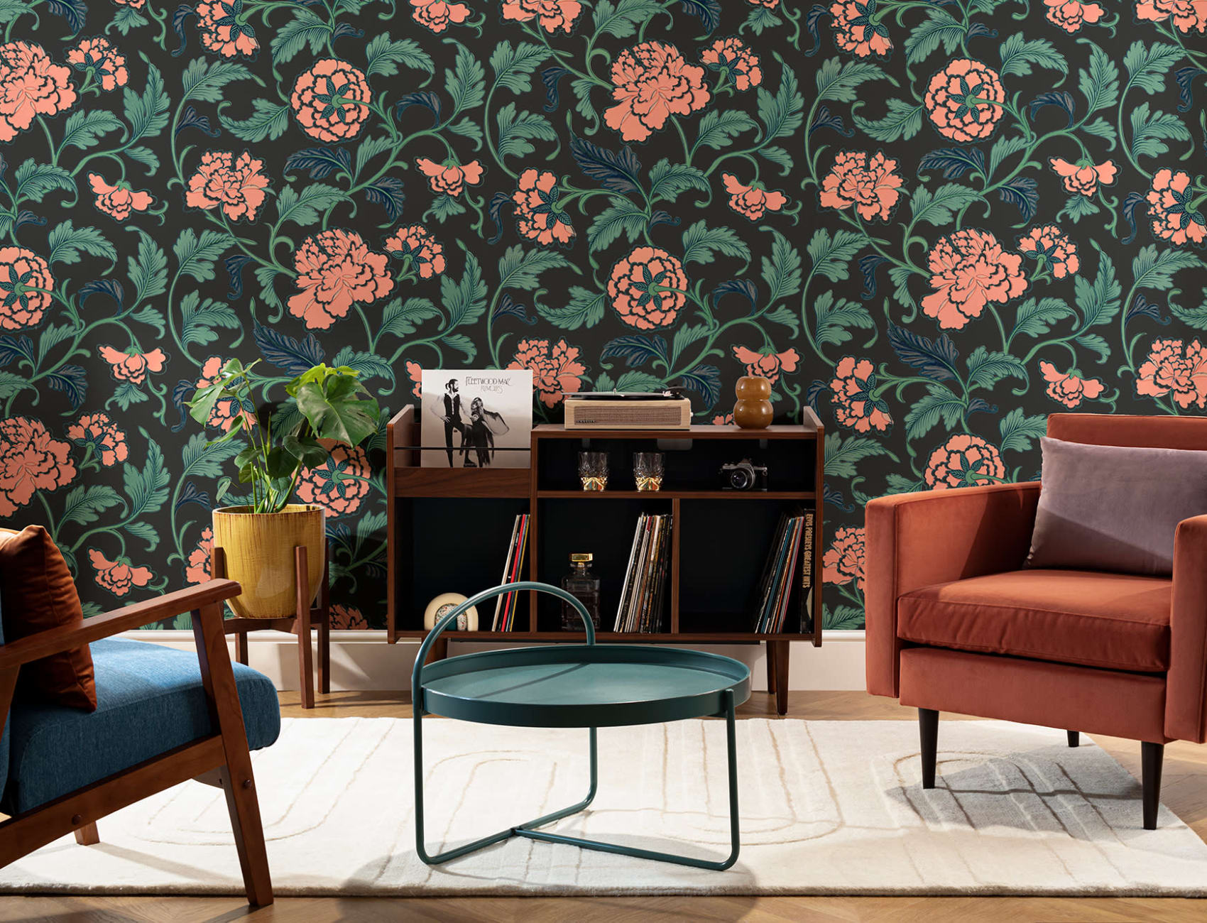 Peony Chinese Ornaments Illustrations Black Wall Mural