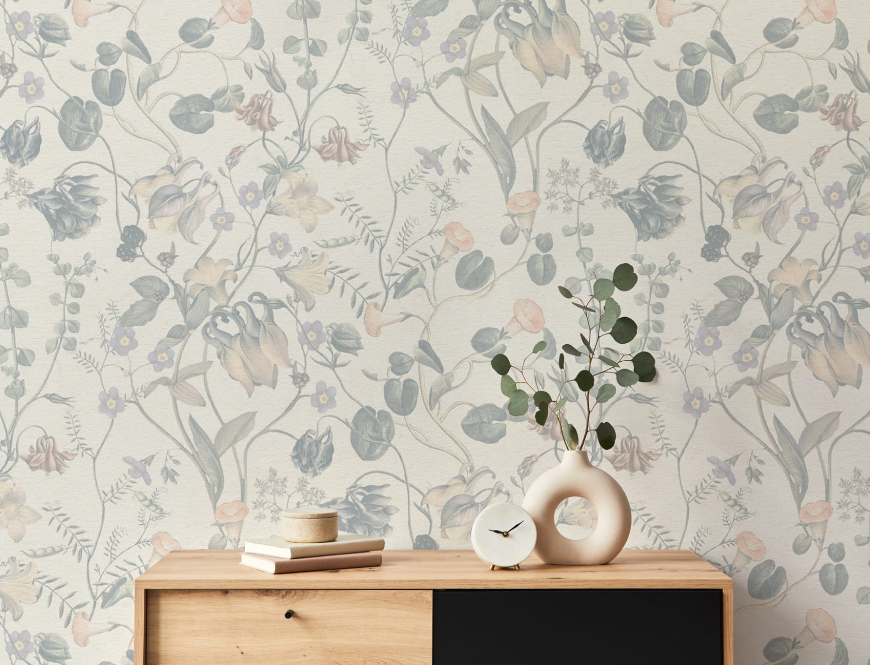 Evelina Blue Botanical Wallpaper with Whimsical Vintage Floral Details