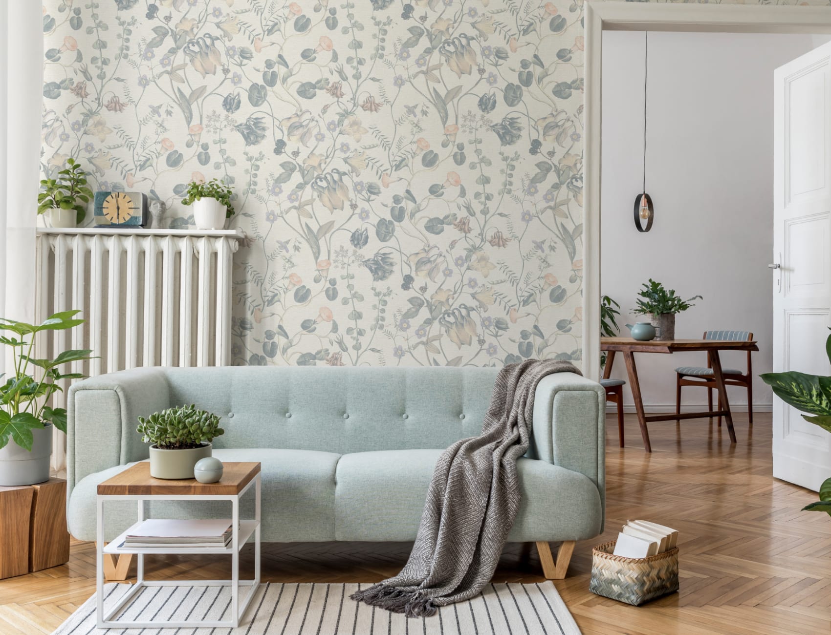 Evelina Blue Botanical Wallpaper with Whimsical Vintage Floral Details