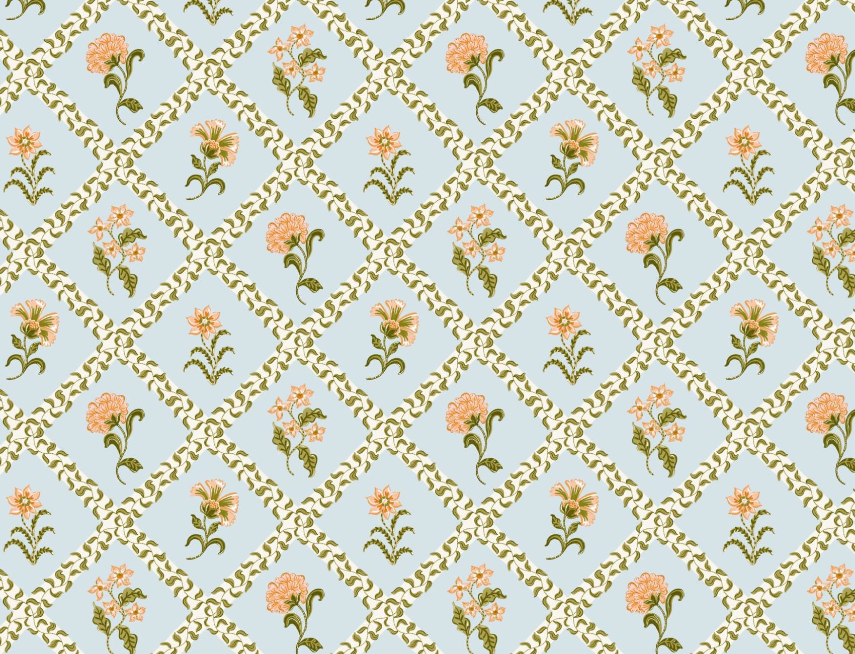 Light Blue Block Print Botanical Trellis Mural