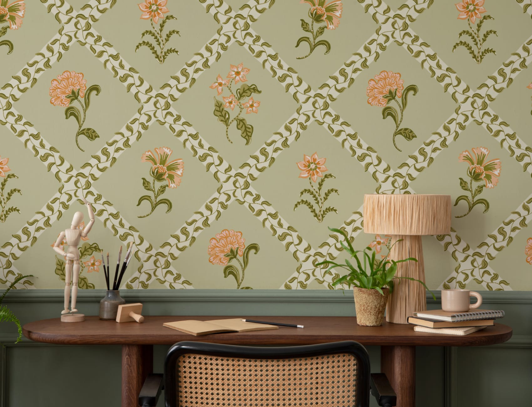 Grønt fototapet med botanisk espalier i bloktryk