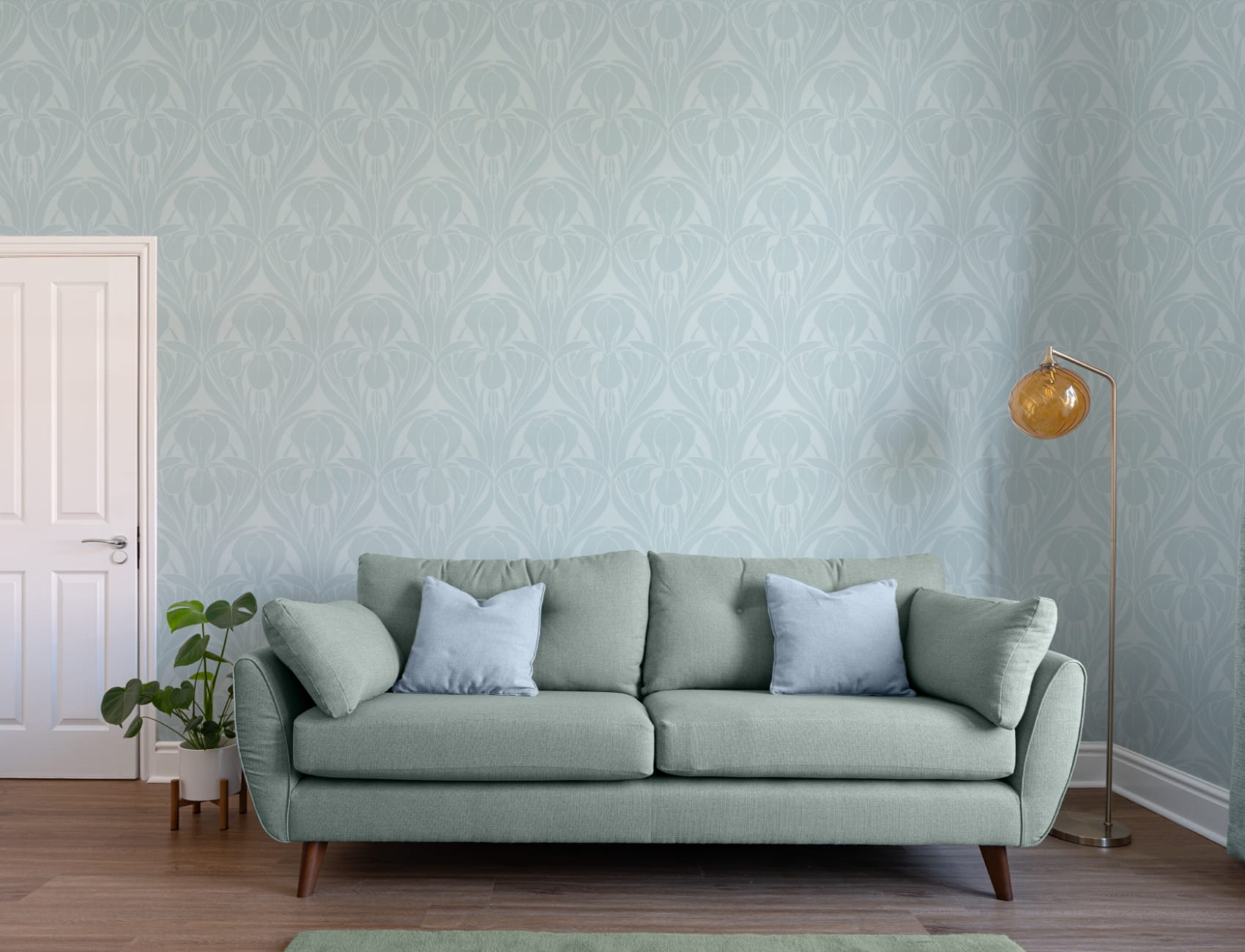 Blauwe Art Deco Houtblok Iris Muurschildering