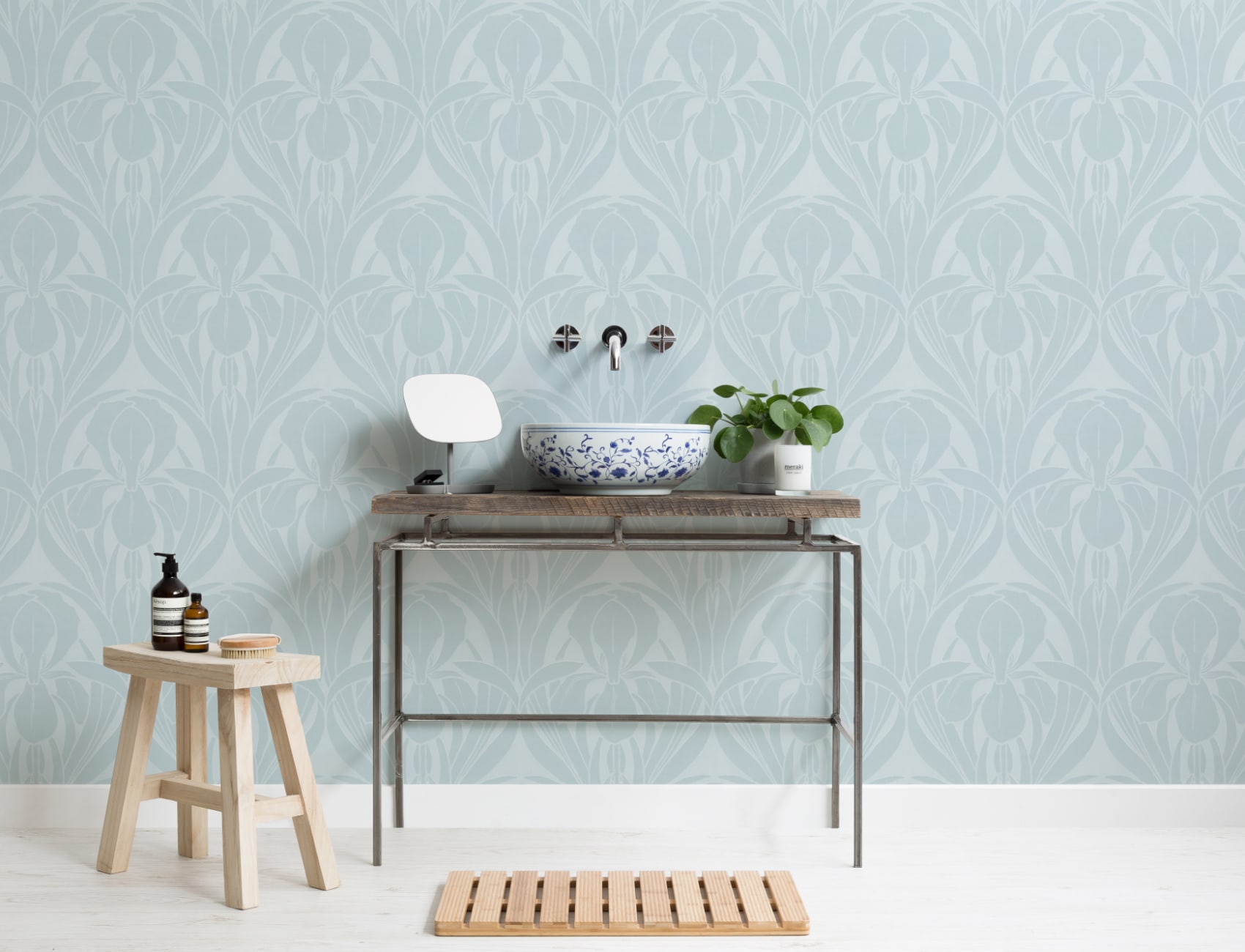 Blauwe Art Deco Houtblok Iris Muurschildering