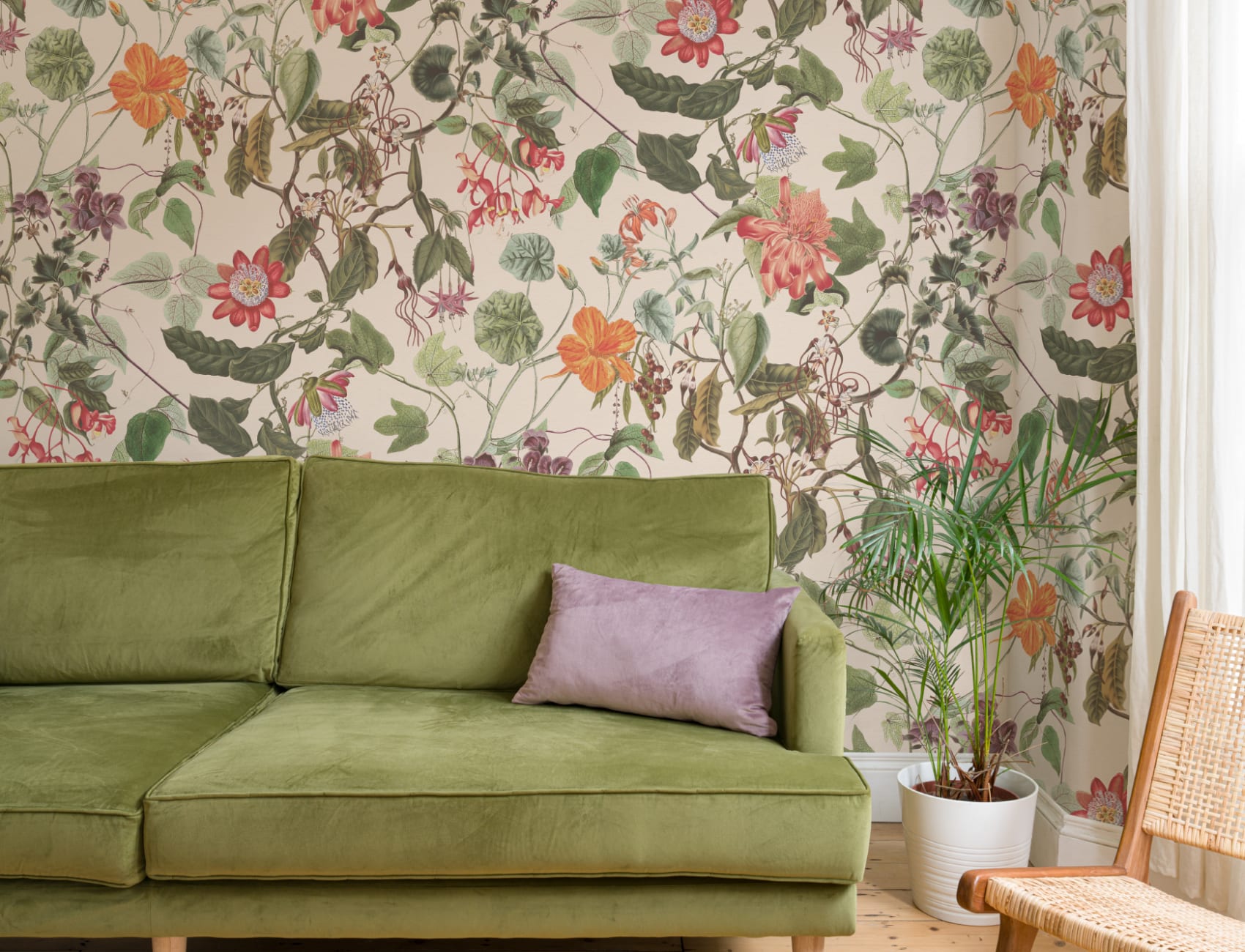 Elegant fototapet med botaniske blomster i creme