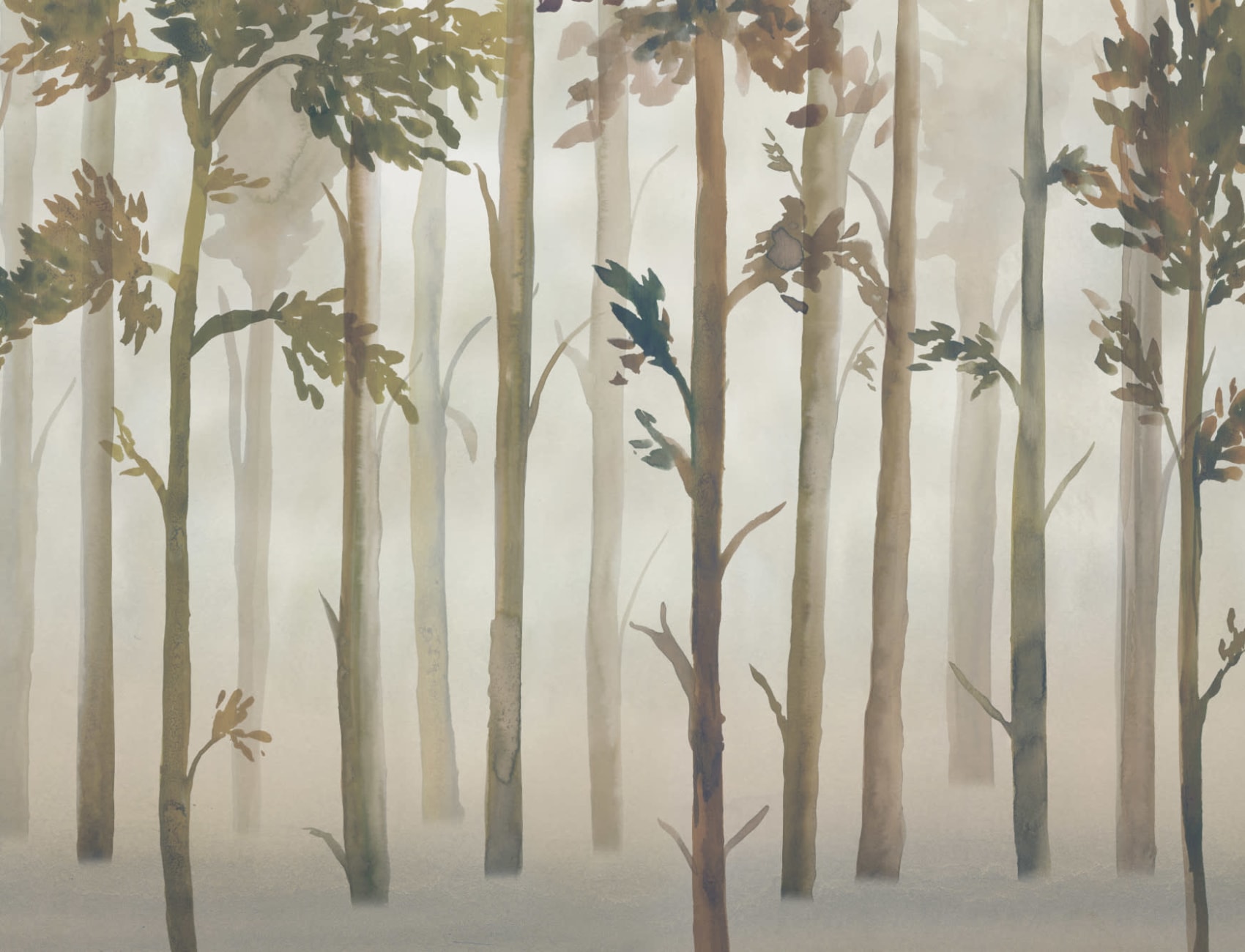 Aquarell Fototapete mit Wald im Nebel in Grüntönen