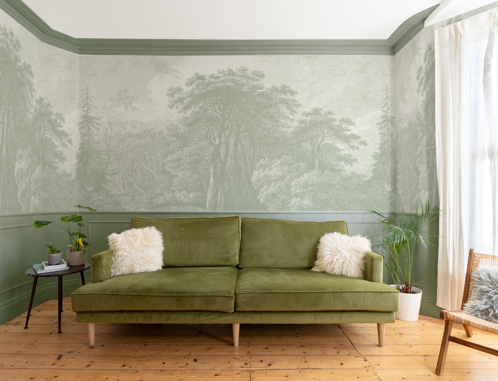 Vintage Forest Etching Wall Mural in Sage Green Tones