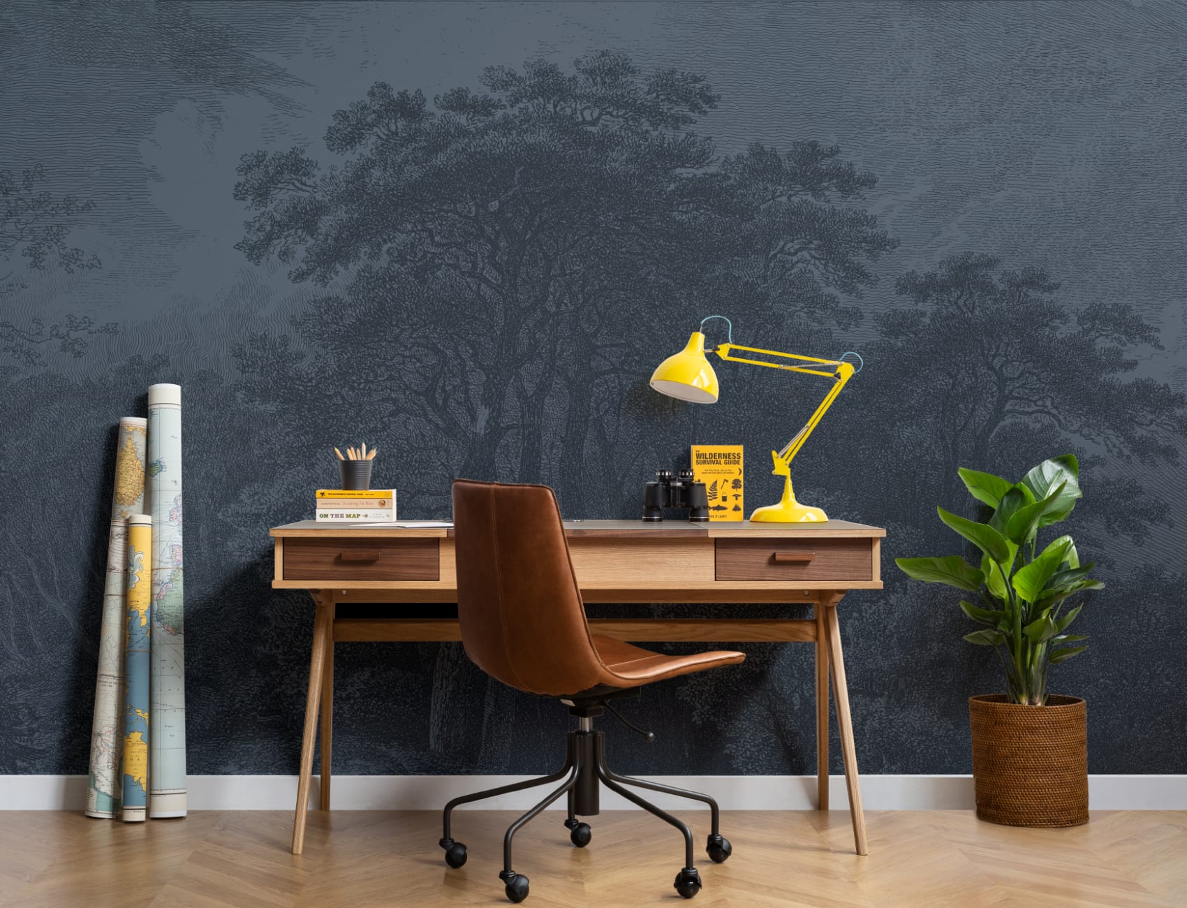 Vintage Forest Etching Wall Mural in Deep Navy Blue