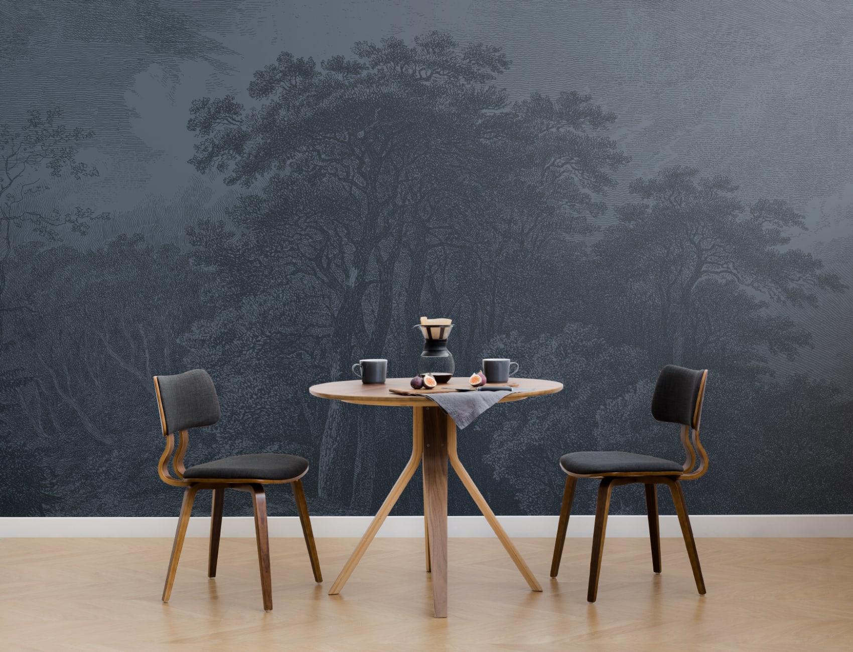 Vintage Forest Etching Wall Mural in Deep Navy Blue