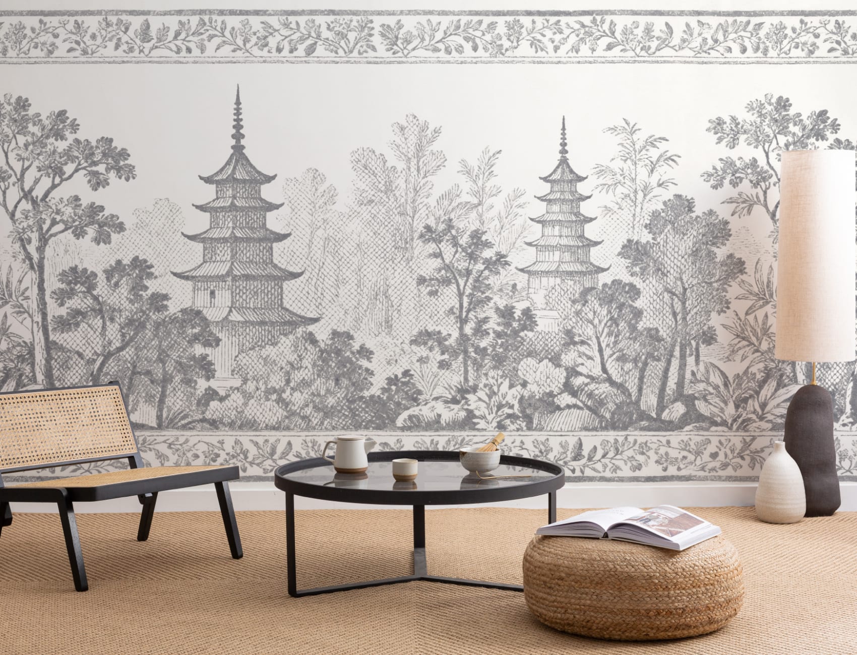 Grey Oriental Pagoda Scene Nature Mural Wallpaper Mural