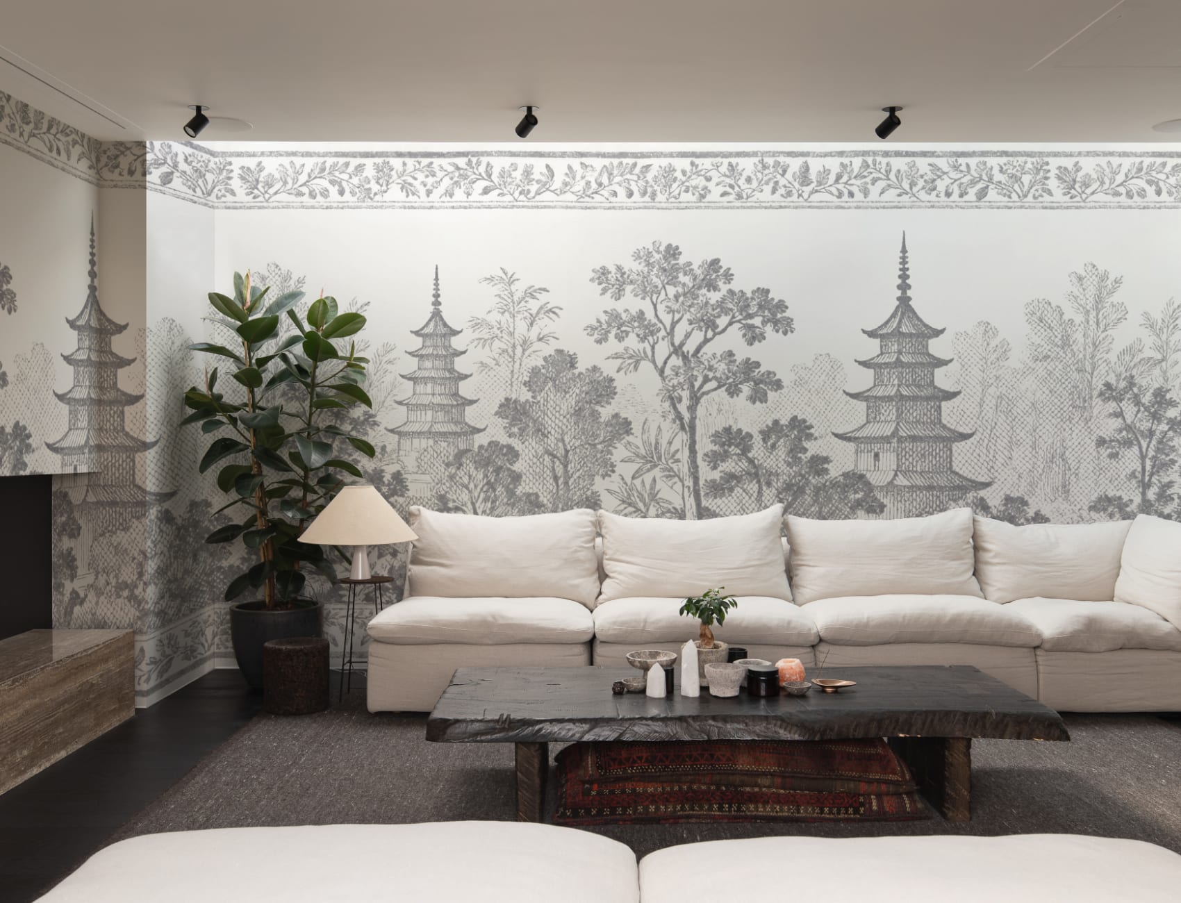 Grey Oriental Pagoda Scene Nature Mural Wallpaper Mural