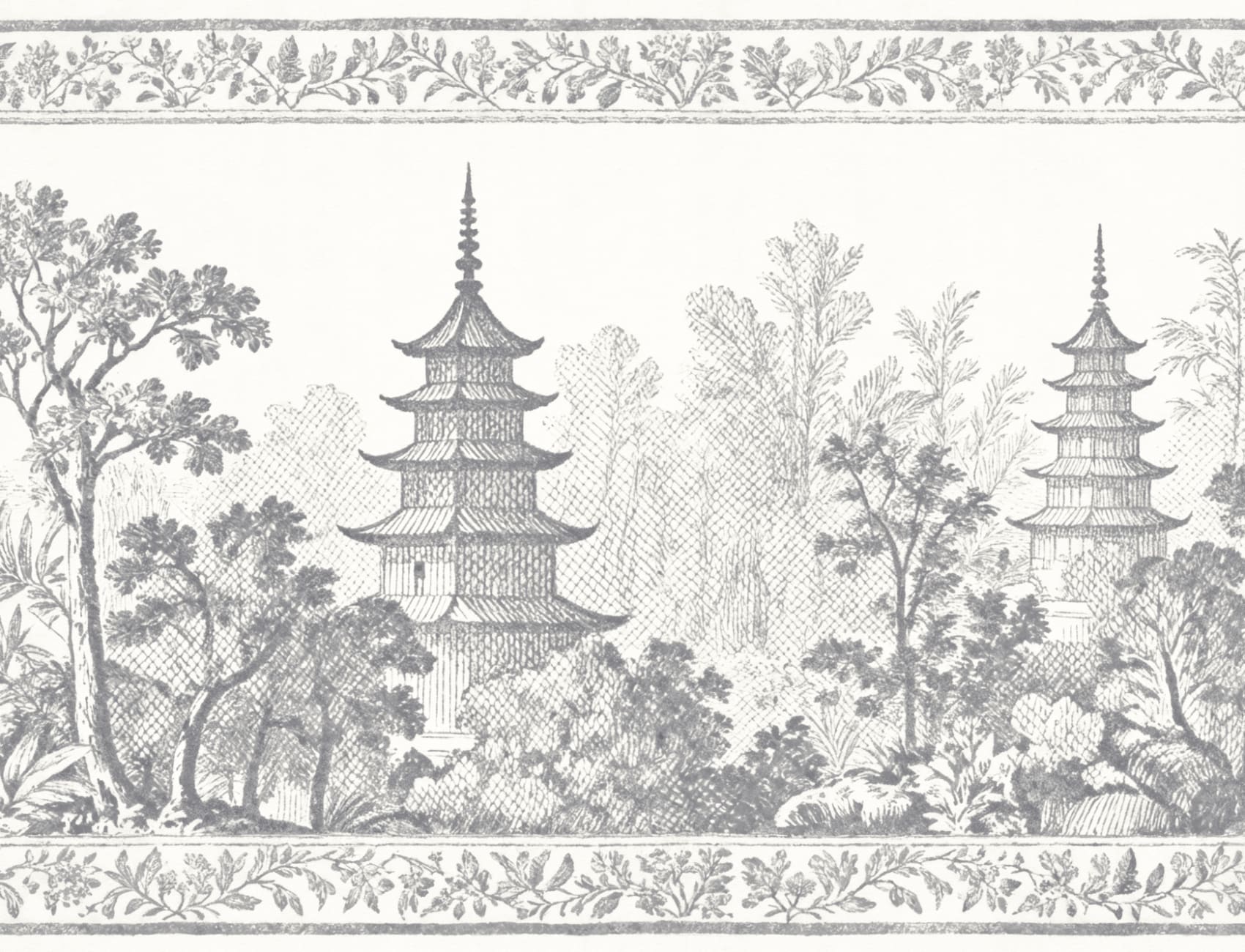 Grey Oriental Pagoda Scene Nature Mural Wallpaper Mural
