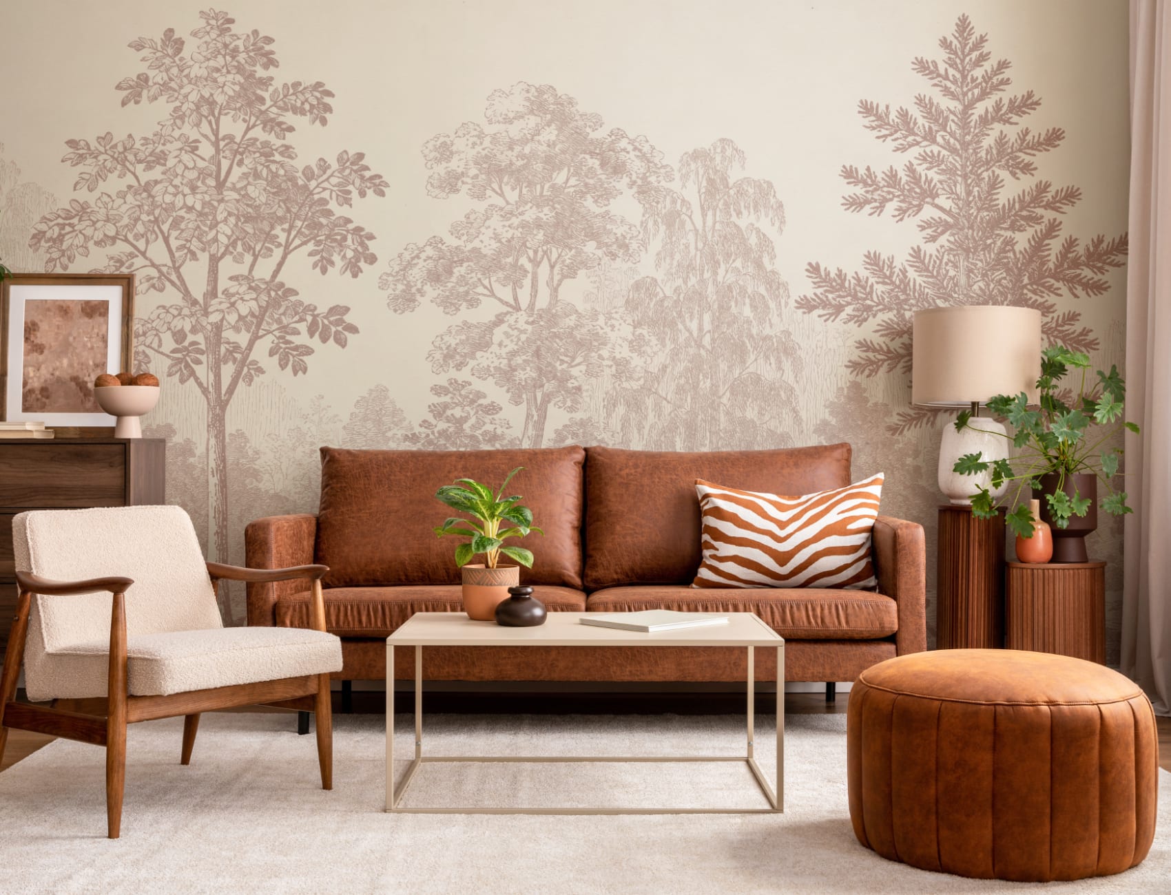 Warm Sepia Botanical Woodland Scene Wall Mural