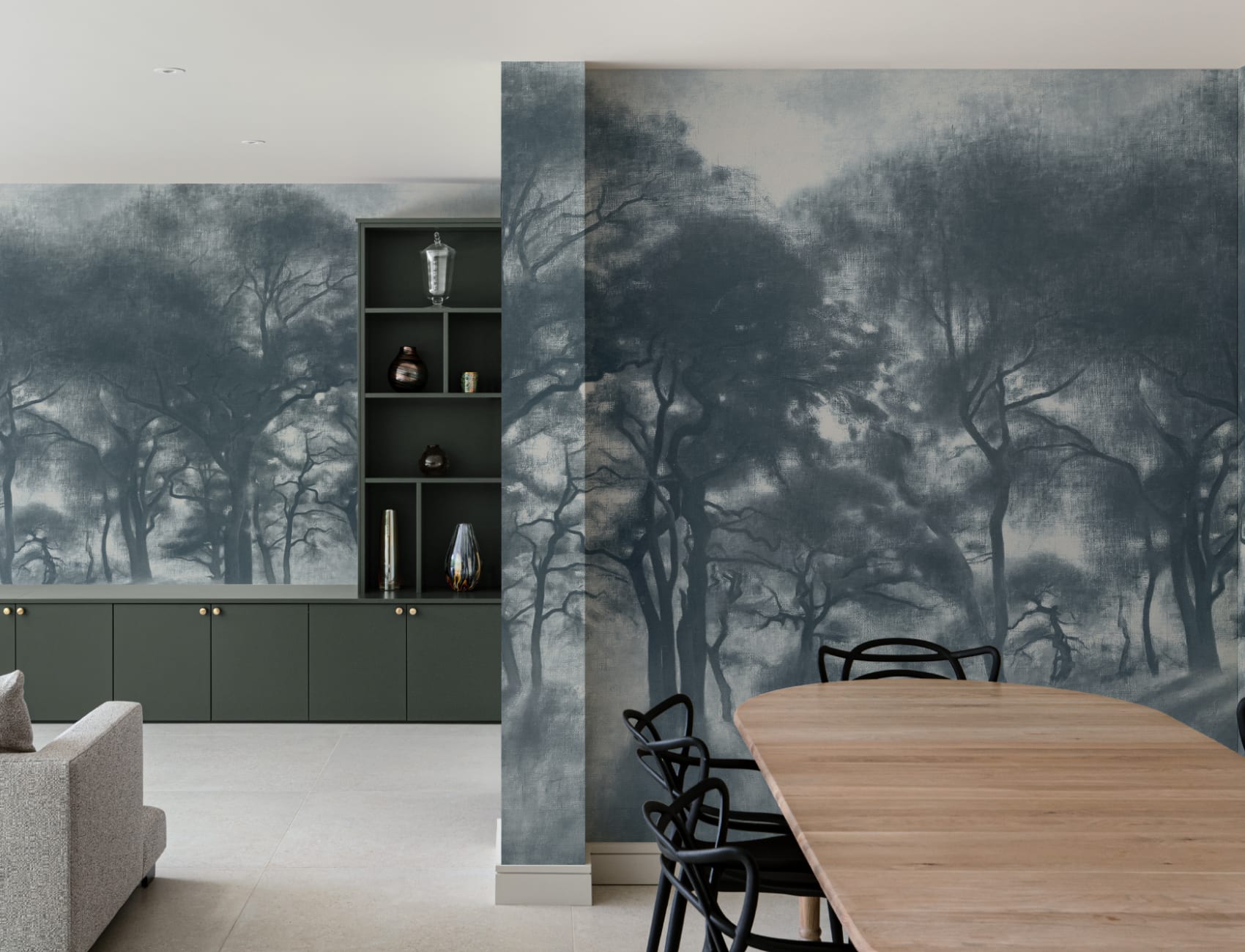 Mural de pintura a óleo da floresta azul enevoada