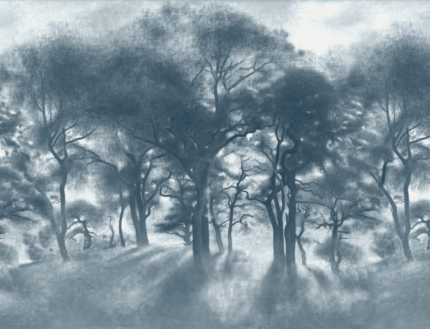 Mural de pintura a óleo da floresta azul enevoada