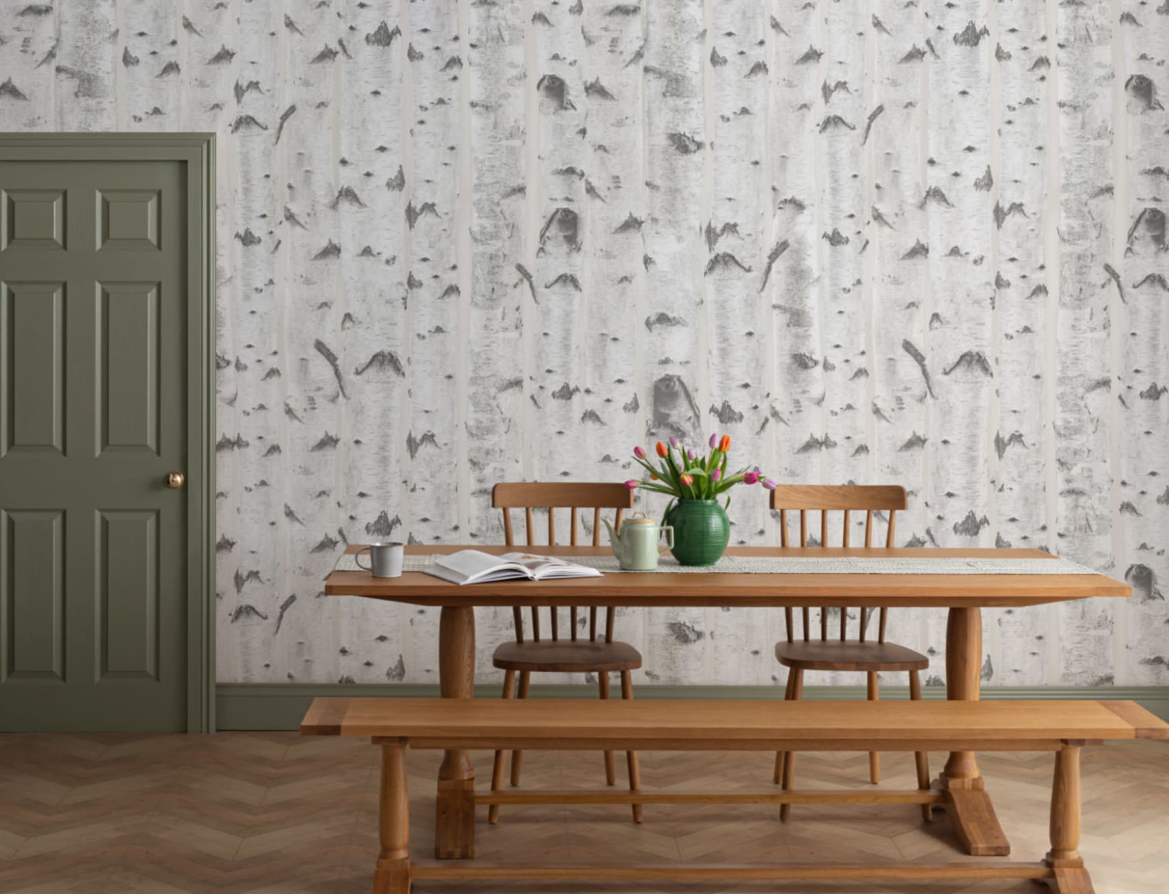 Mural de papel de parede com padrão de árvore de bétula branca e creme