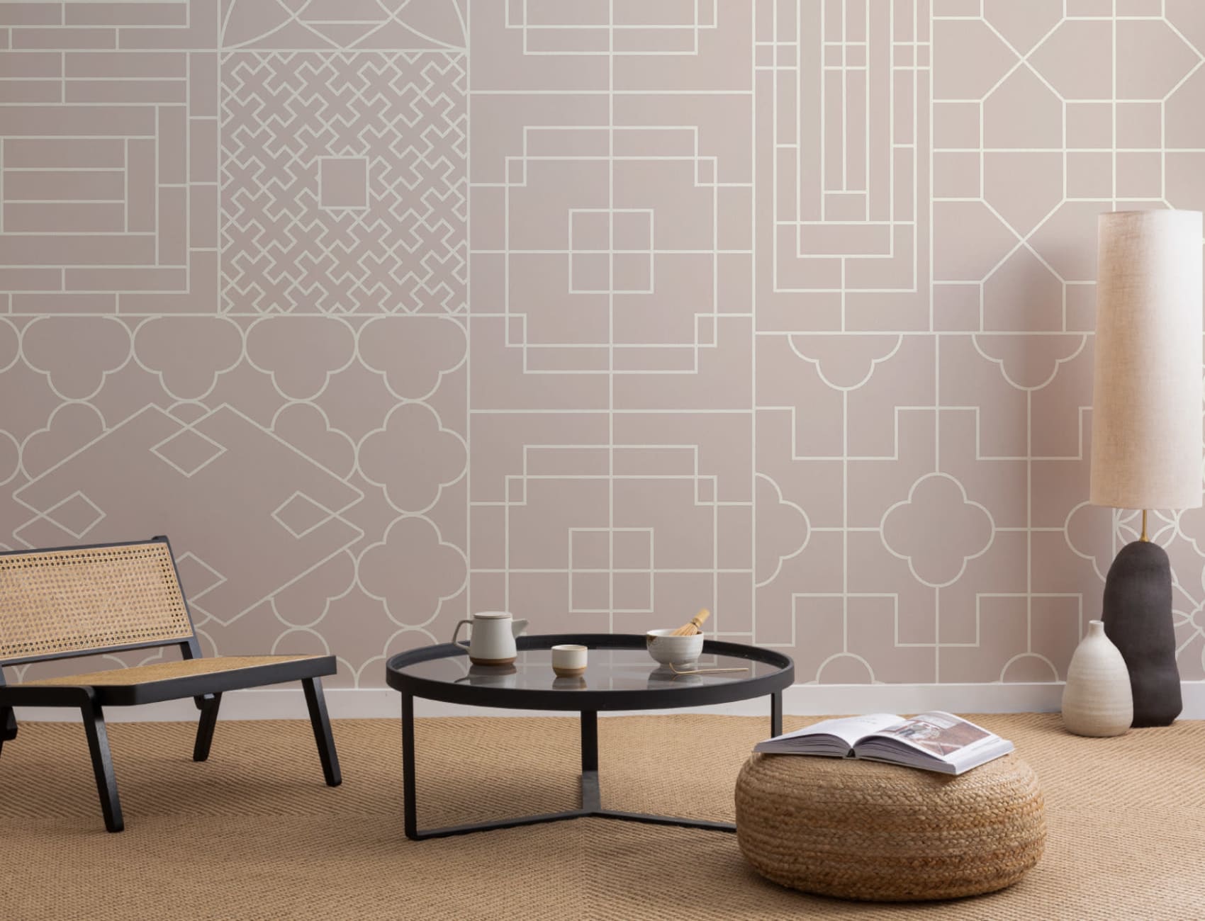 Mural Papel Pintado Formas Geométricas al Estilo Chino en Rosa Palo