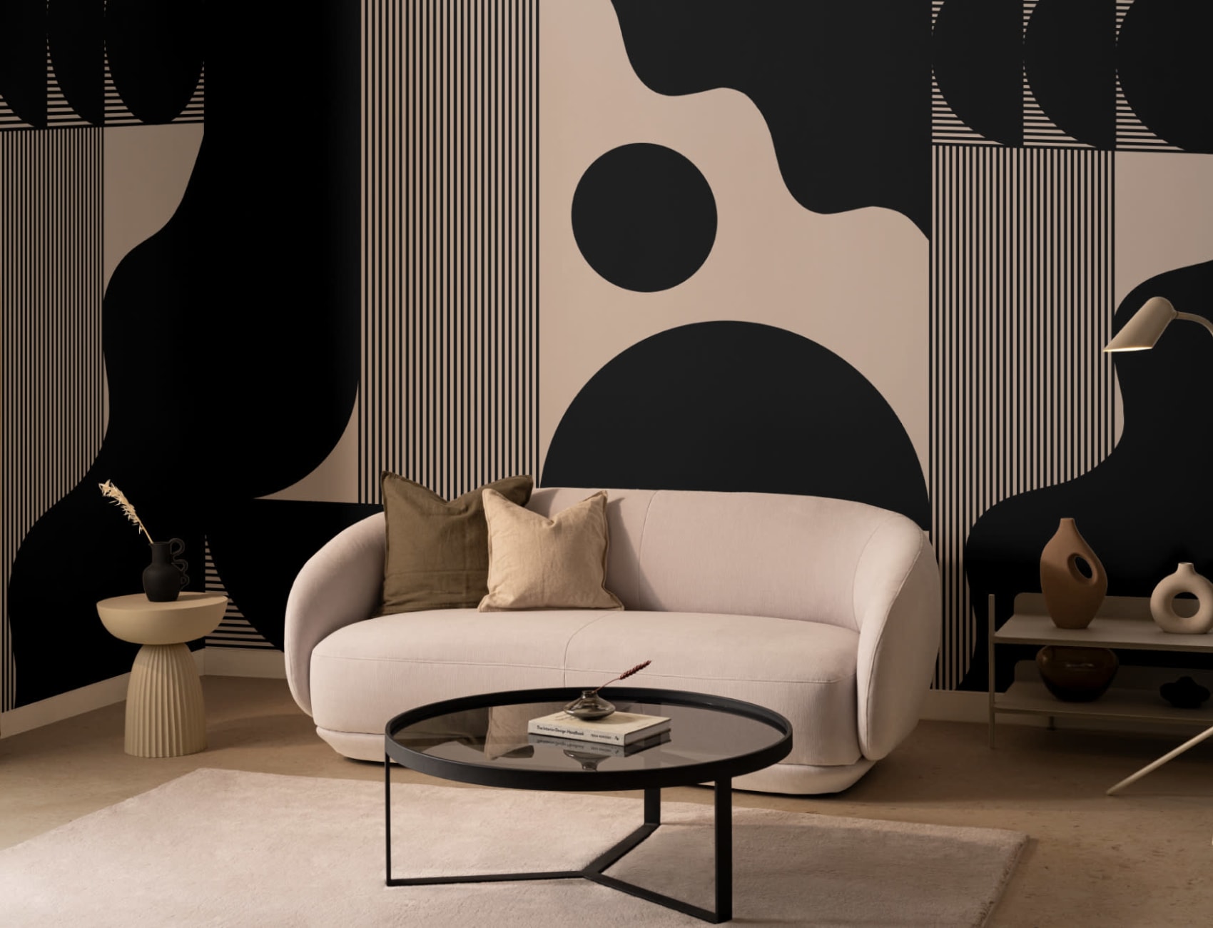 Bold Black and Beige Abstract Shapes Wallpaper Mural