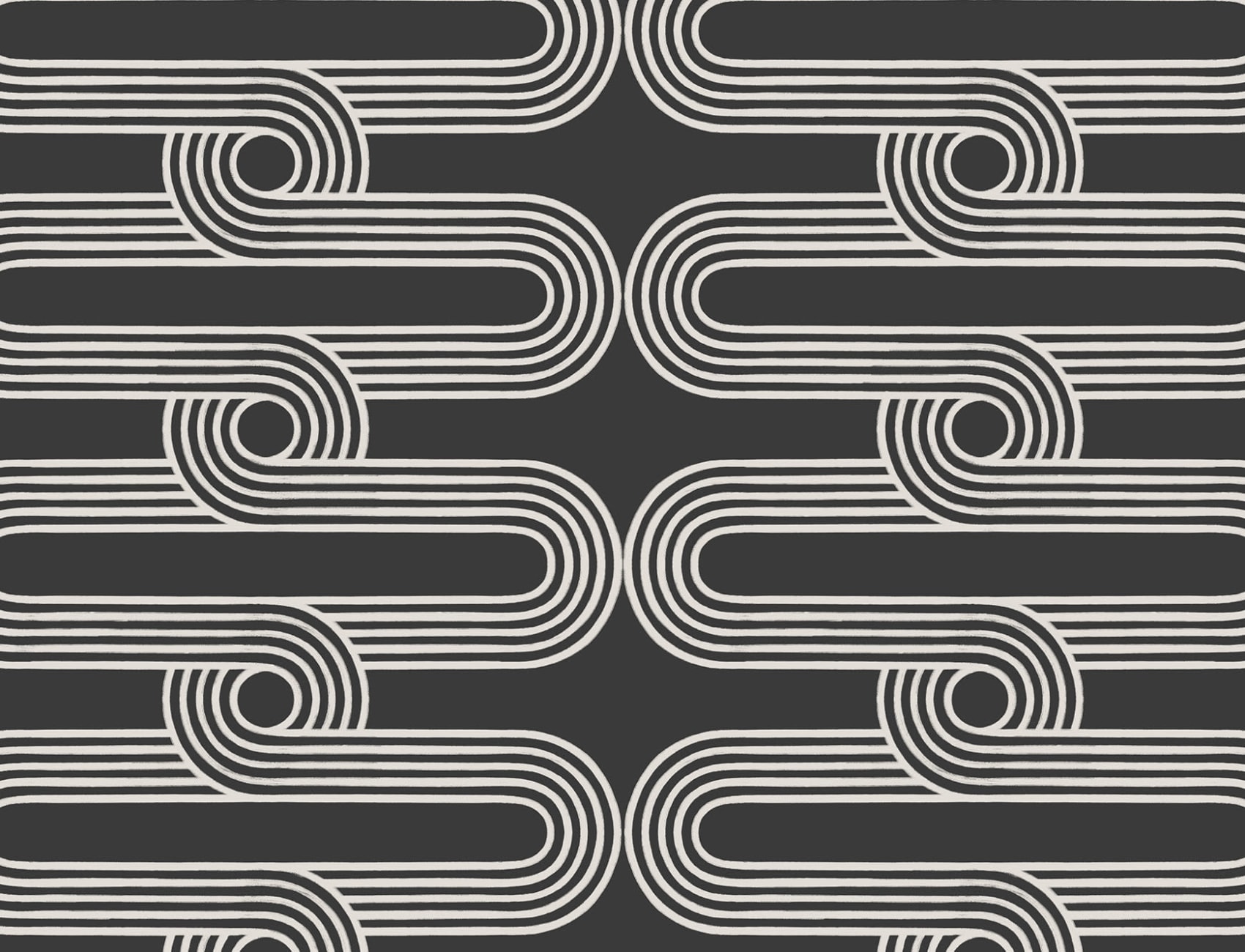 Papel de parede com padrão de repetição de riscas e curvas em preto e branco