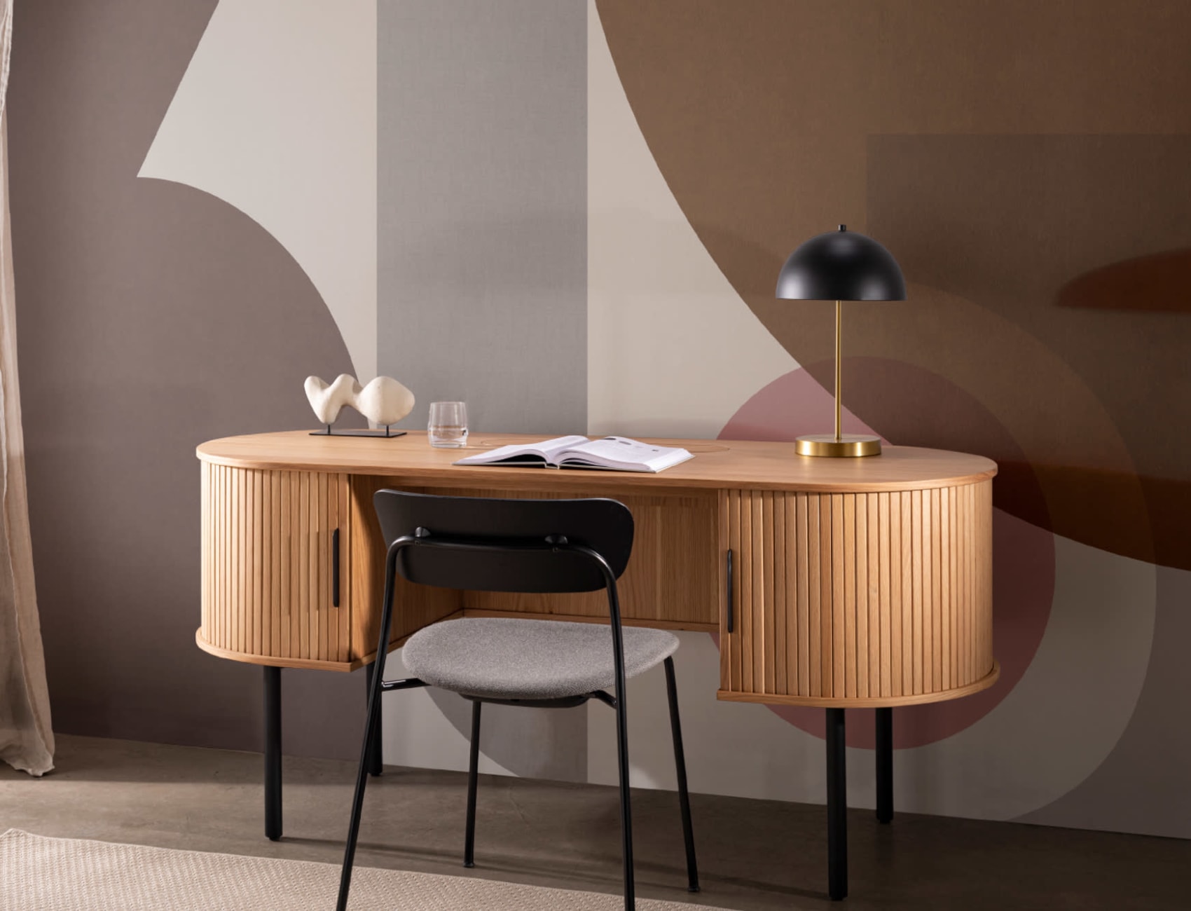 Ruskea & vaaleanpunainen Mid-Century geometrinen kollaasi seinäseinämaalaus