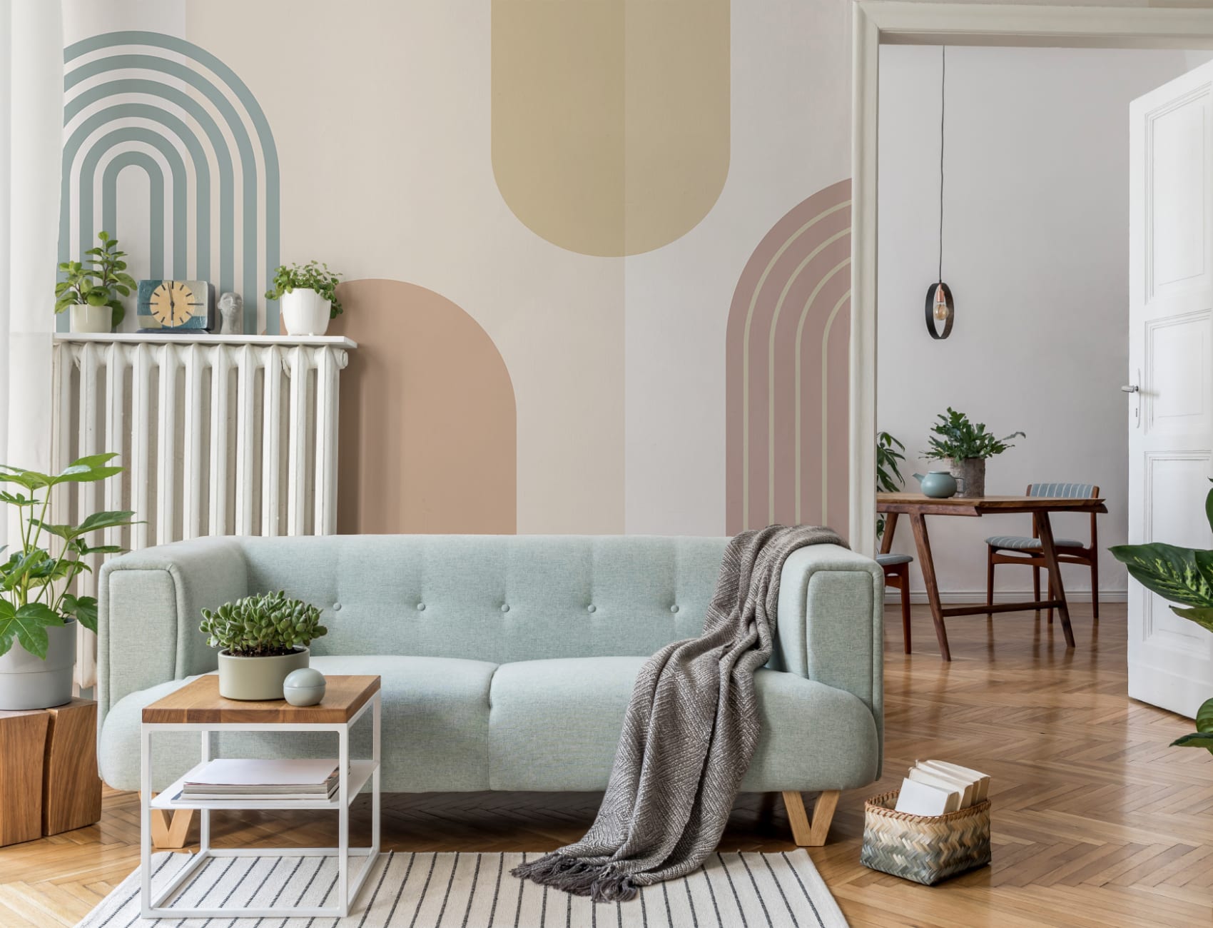 Pastelli Retro Retro geometrinen kaaret seinämaalaus