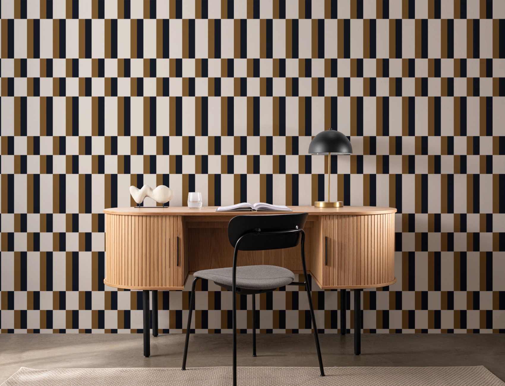Muștar și albastru Bauhaus Geometric Retro Repeat Pattern Wallpaper