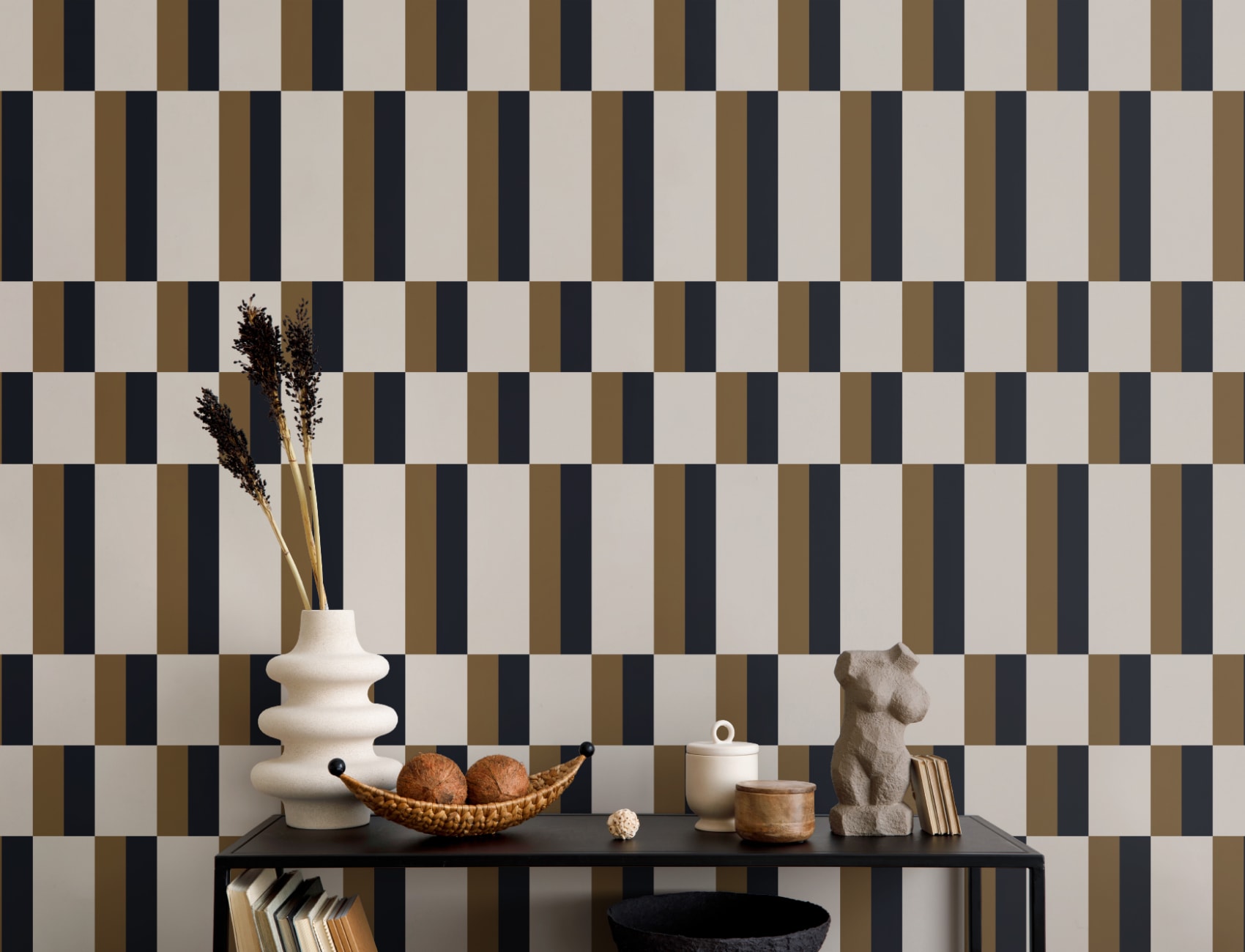 Muștar și albastru Bauhaus Geometric Retro Repeat Pattern Wallpaper