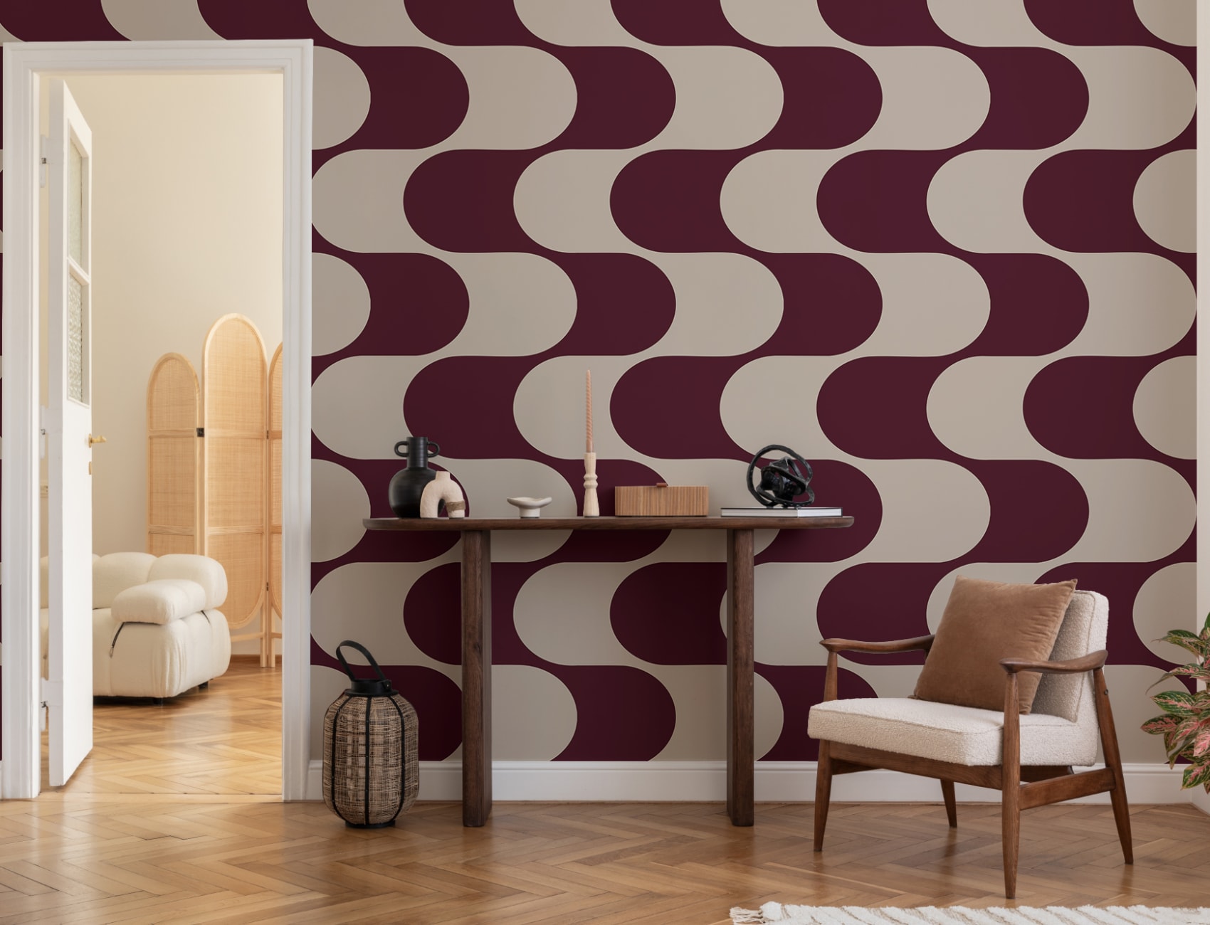 Papier peint panoramique géométrique à motifs de vagues, de couleur bourgogne