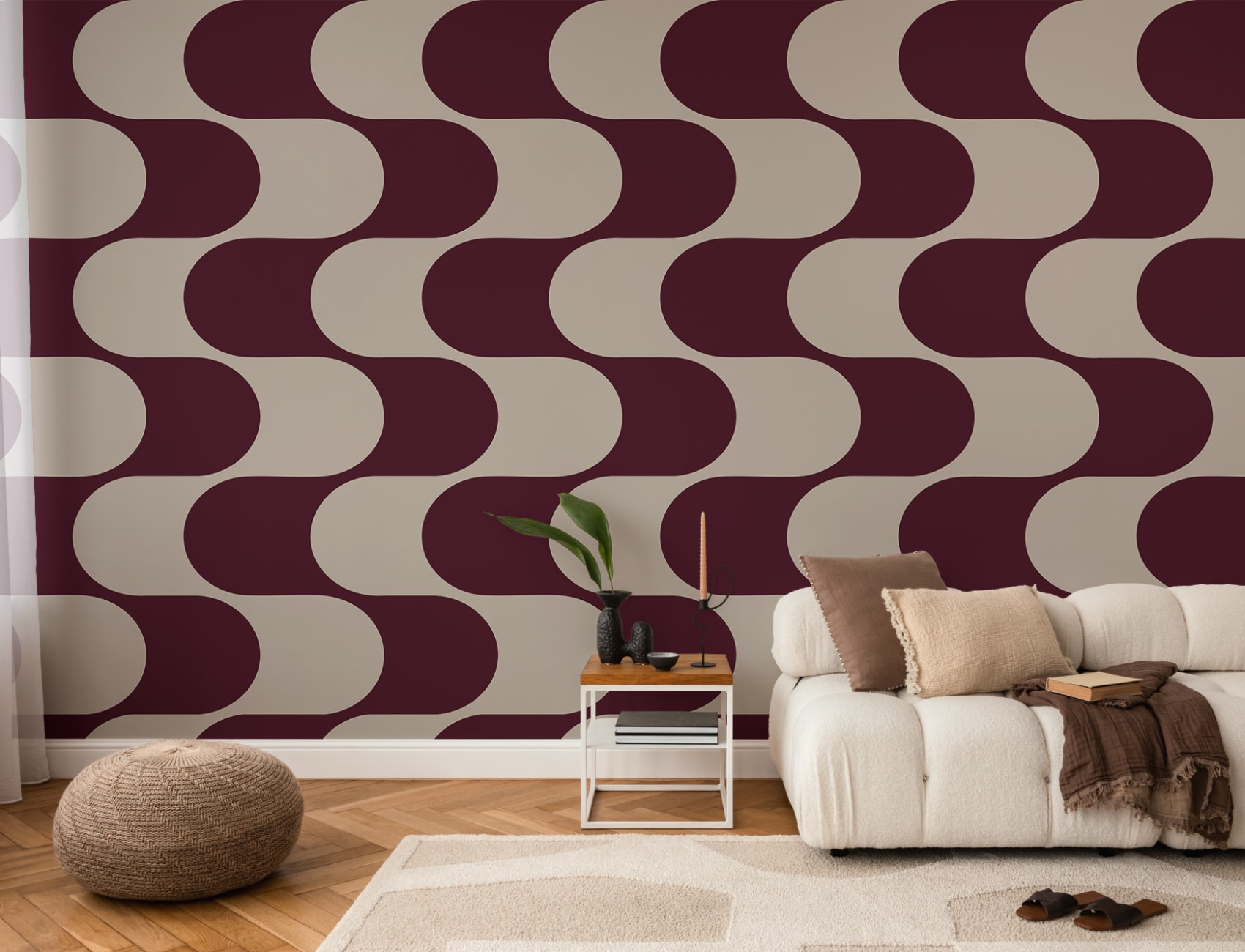 Papier peint panoramique géométrique à motifs de vagues, de couleur bourgogne