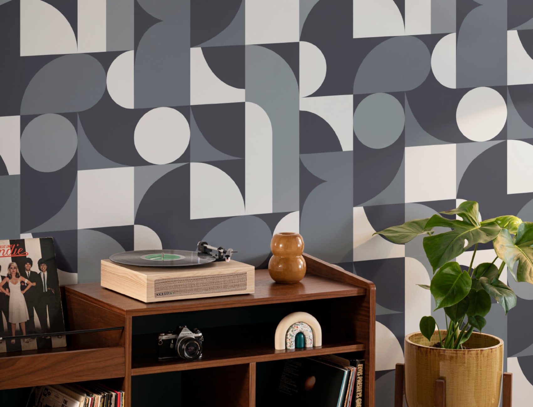 Blue Mid-Century Geometric Collage Wall Mural