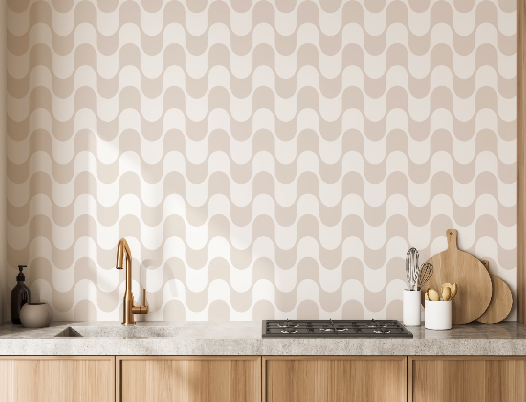 Papel pintado retro neutro de rayas onduladas