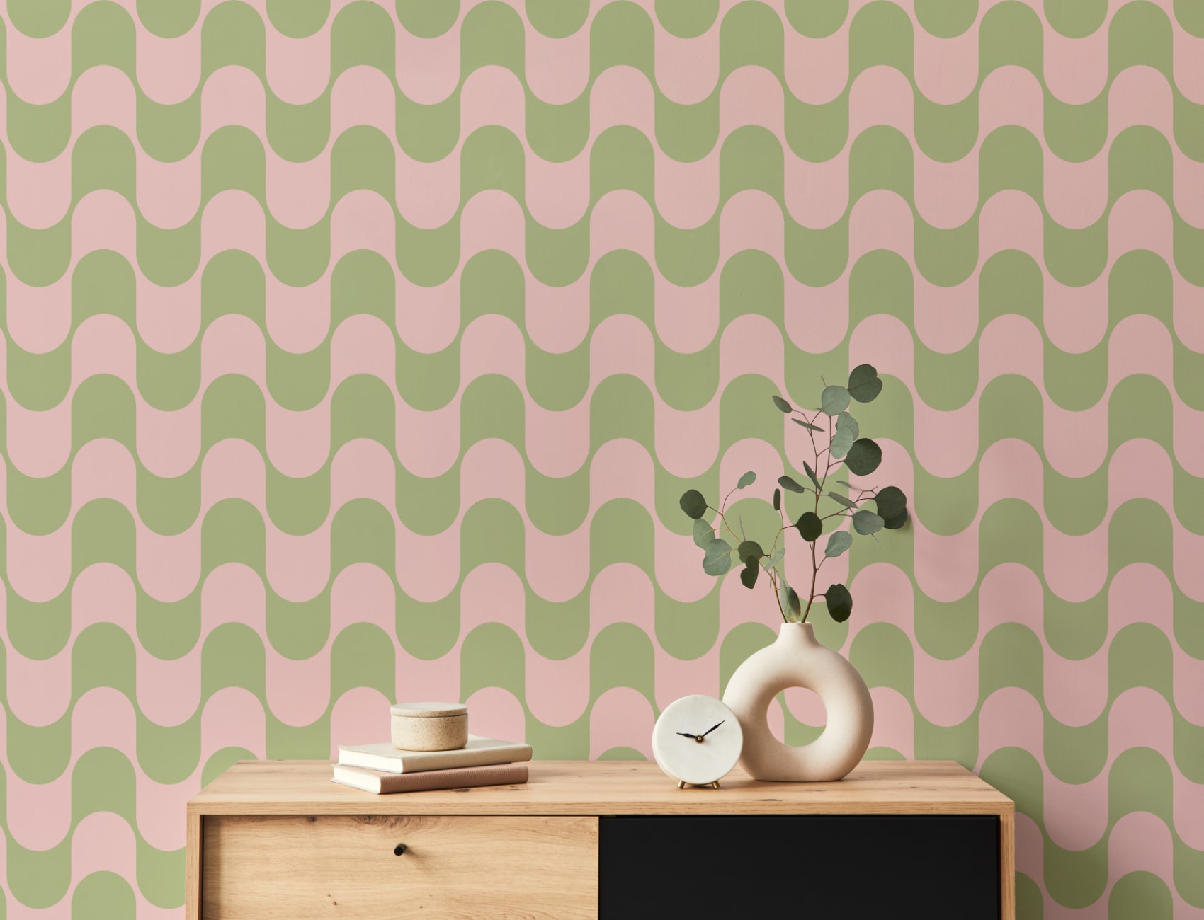 Pink & Green Retro Wavy Striped Wallpaper