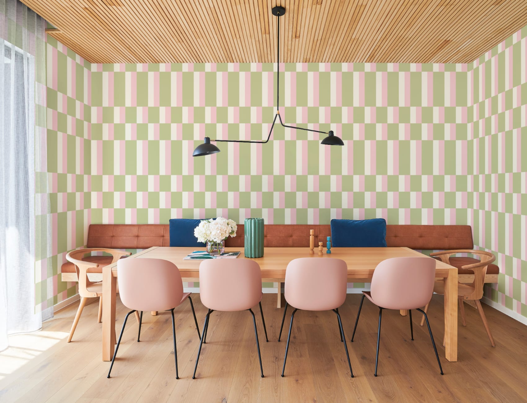 Zielono-różowa nowoczesna geometryczna tapeta Bauhaus