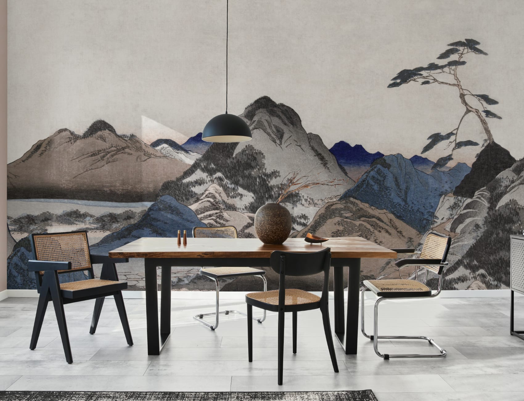 Beige And Blue Japanese Landscape Mountain Art Mural