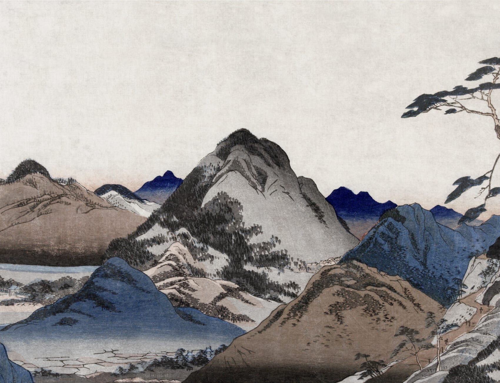 Beige And Blue Japanese Landscape Mountain Art Mural