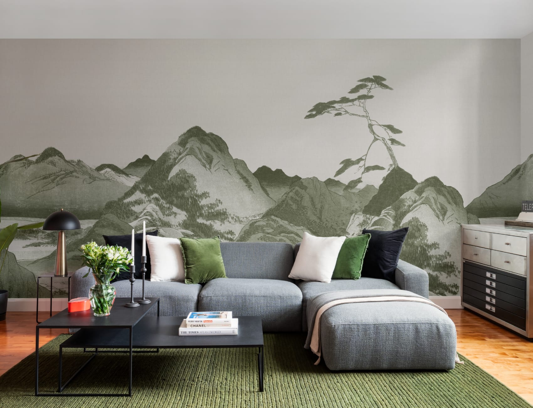 Groene Japanse Berglandschap Kunst Muurschildering
