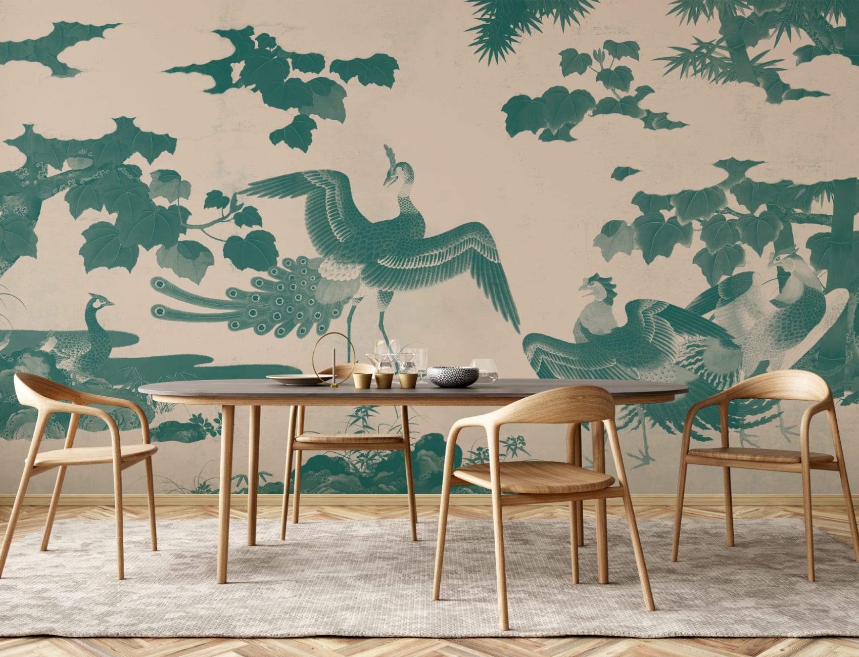 Teal Illustrated Japanese Peacock Mural