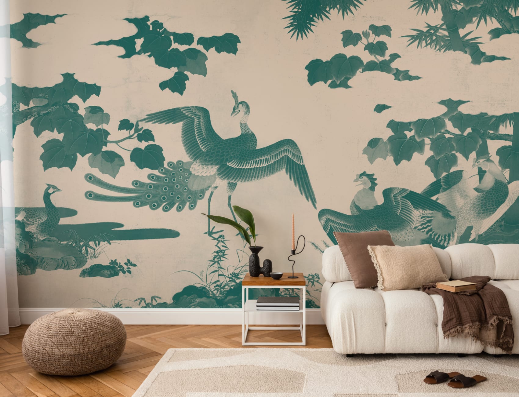 Teal Illustrated Japanese Peacock Mural