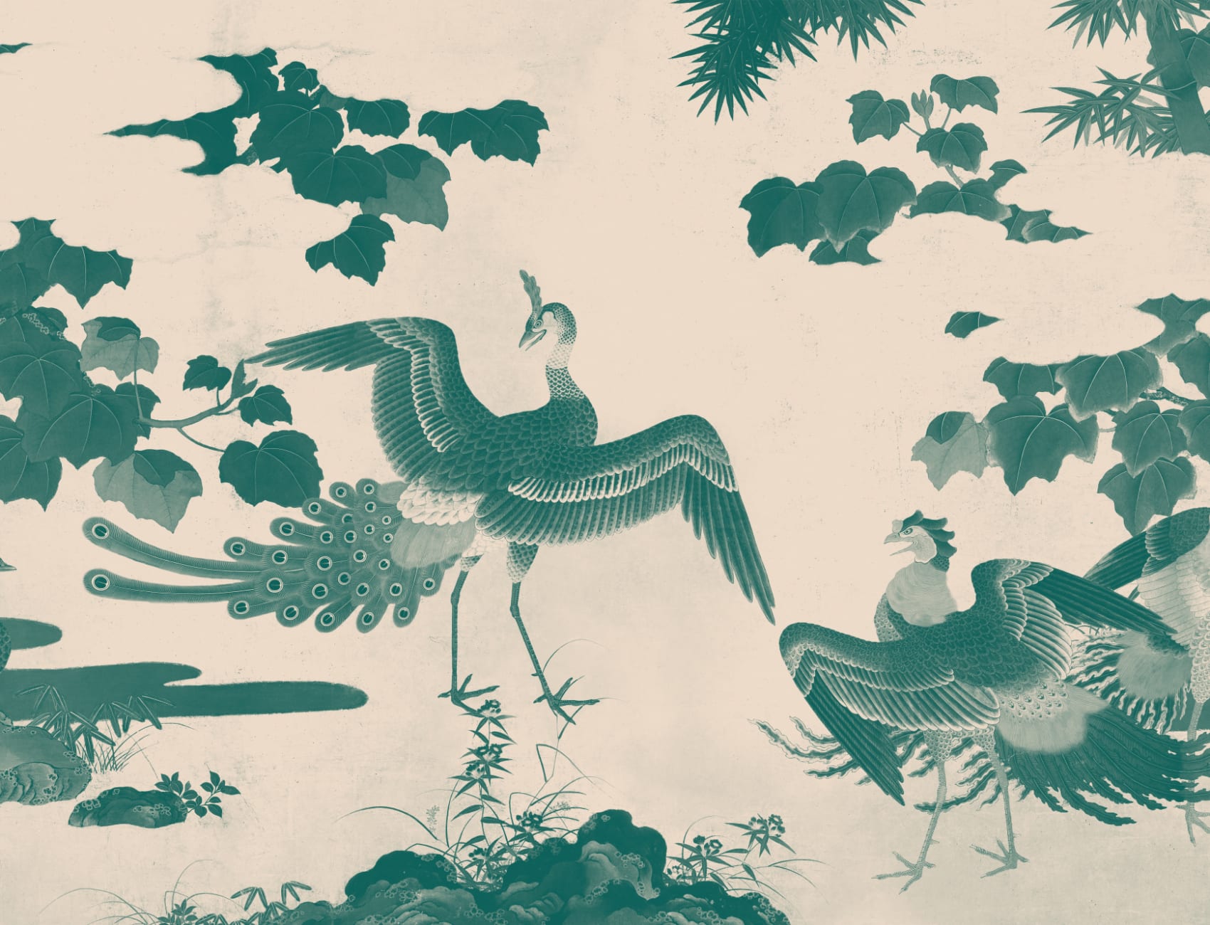 Teal Illustrated Japanese Peacock Mural