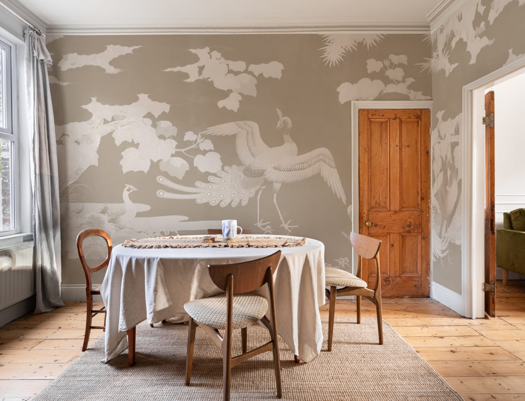 Beige Illustrated Japanese Peacock Mural