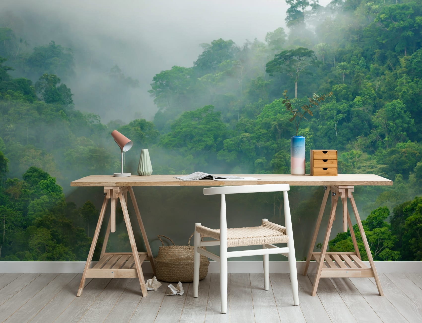 Carta da Parati Fotografica con Foresta Pluviale Verde nella Nebbia