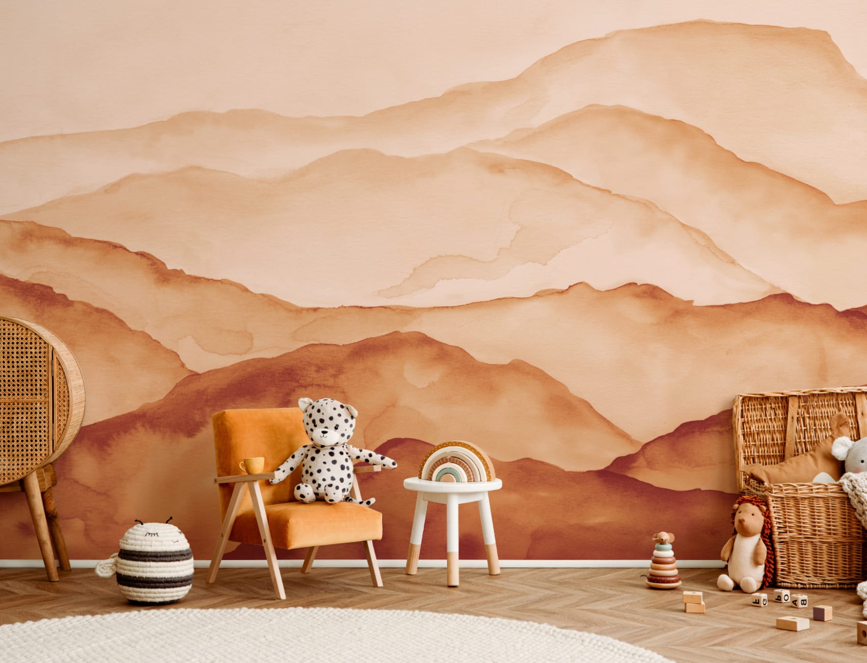 Orange Watercolor Peaceful Mountain Wallpaper Mural