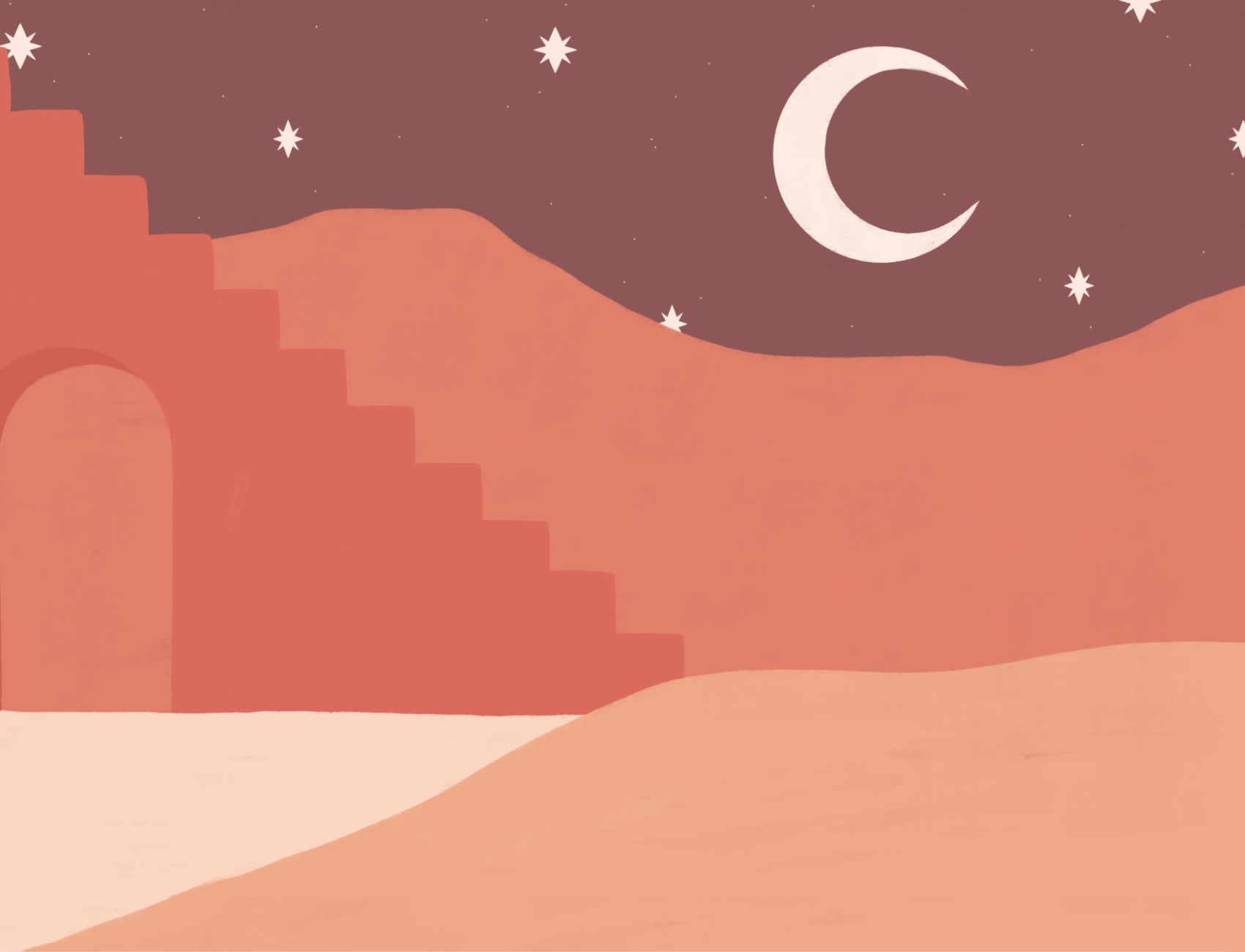 Fototapete Gemalte Wüstenlandschaft mit Mond in Orange
