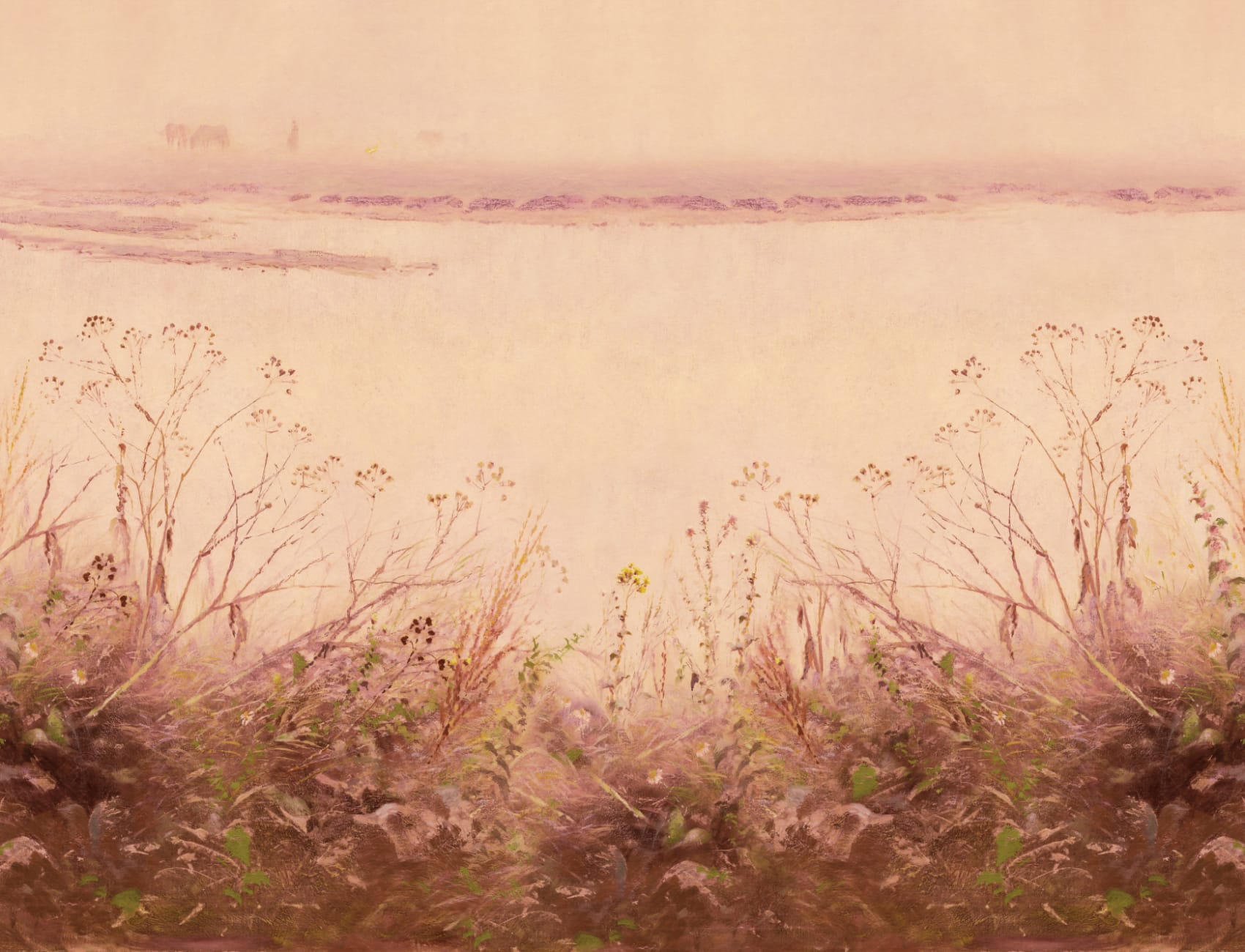 Riverbank Grassland Fototapet i Sunset Glow