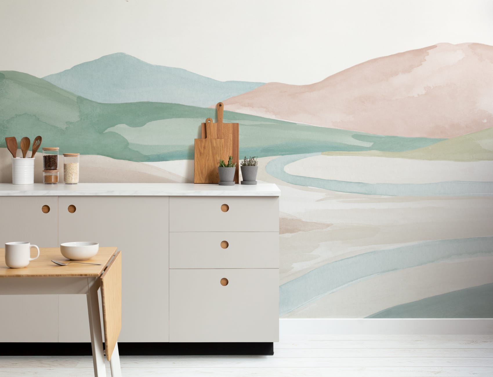 Pastel Watercolor Valley Landscape Mural