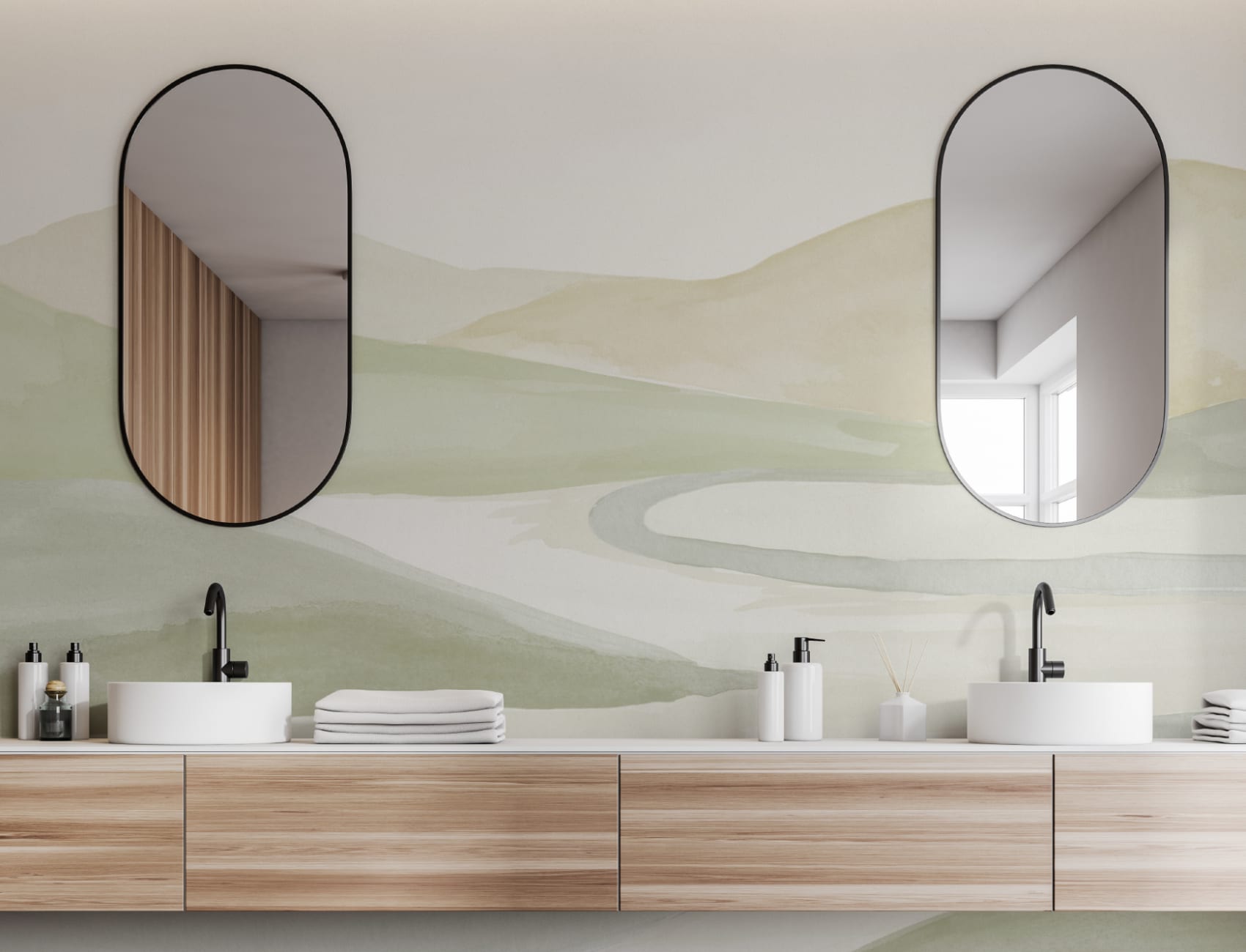Green Watercolor Valley Landscape Mural