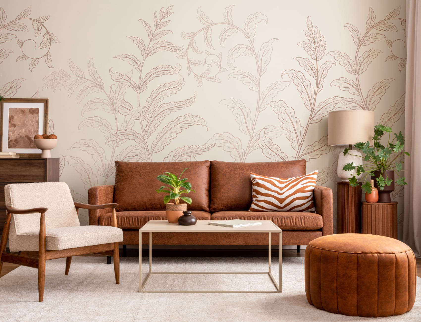 Fototapet med botaniske bregner i terracotta