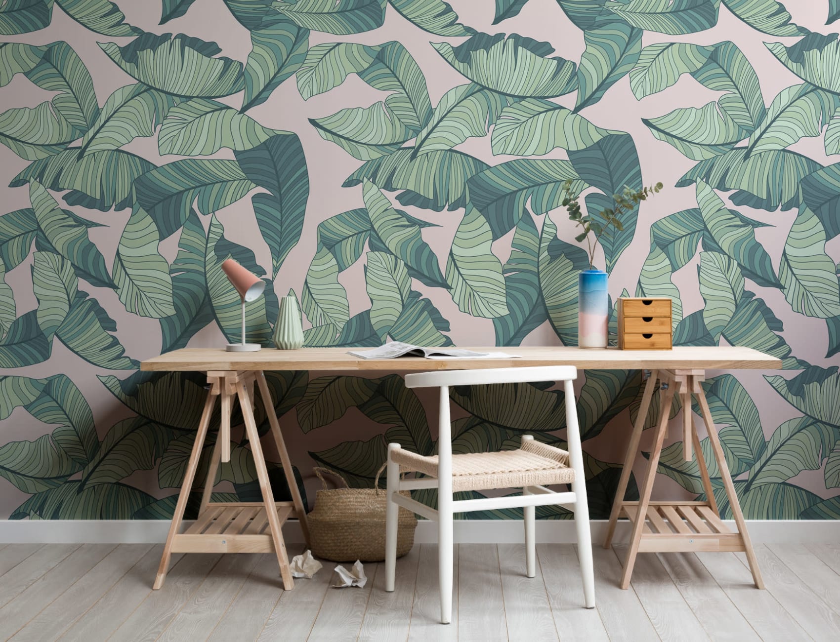 Pink & Green Tropical Leaf Wallpaper Mural