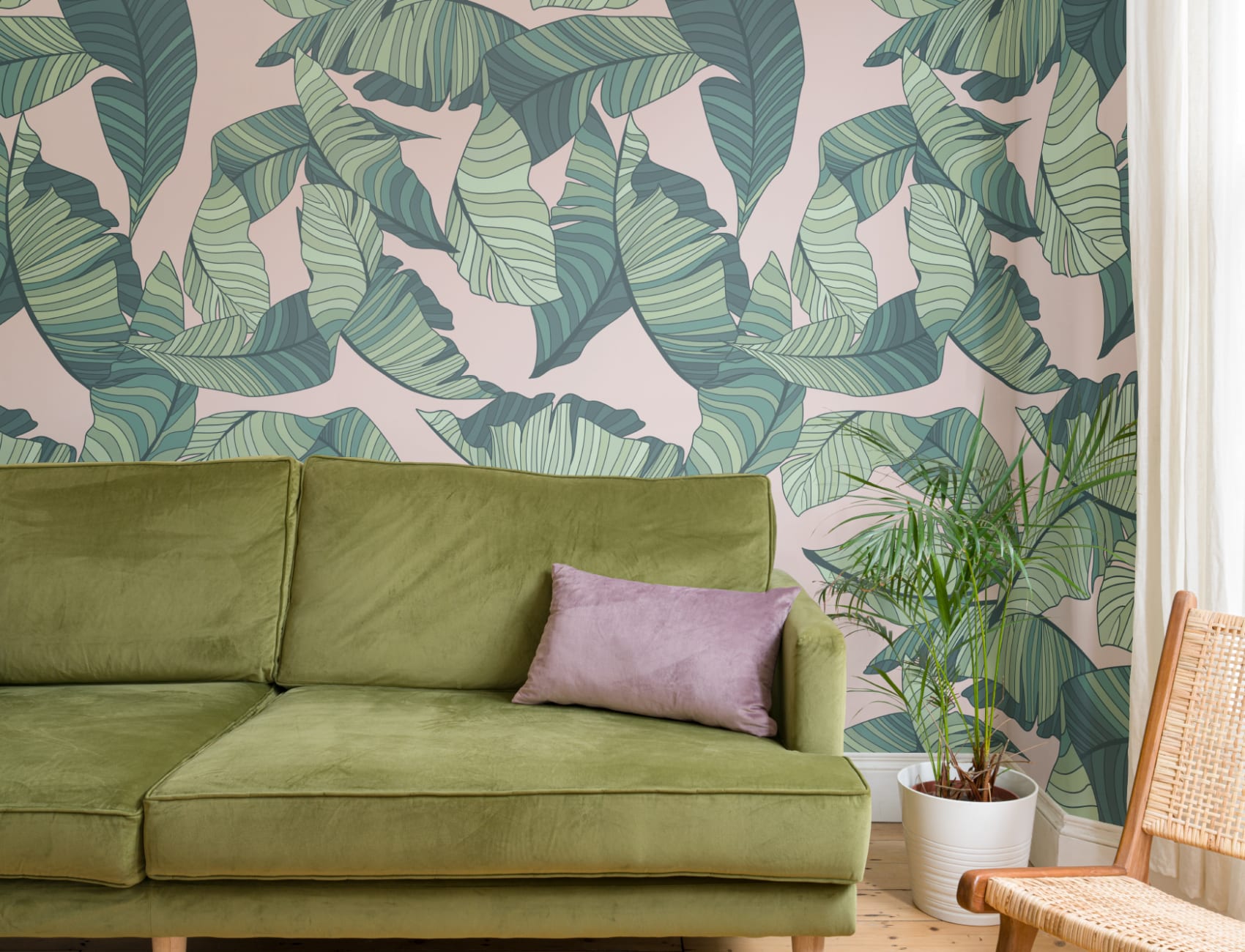 Pink & Green Tropical Leaf Wallpaper Mural