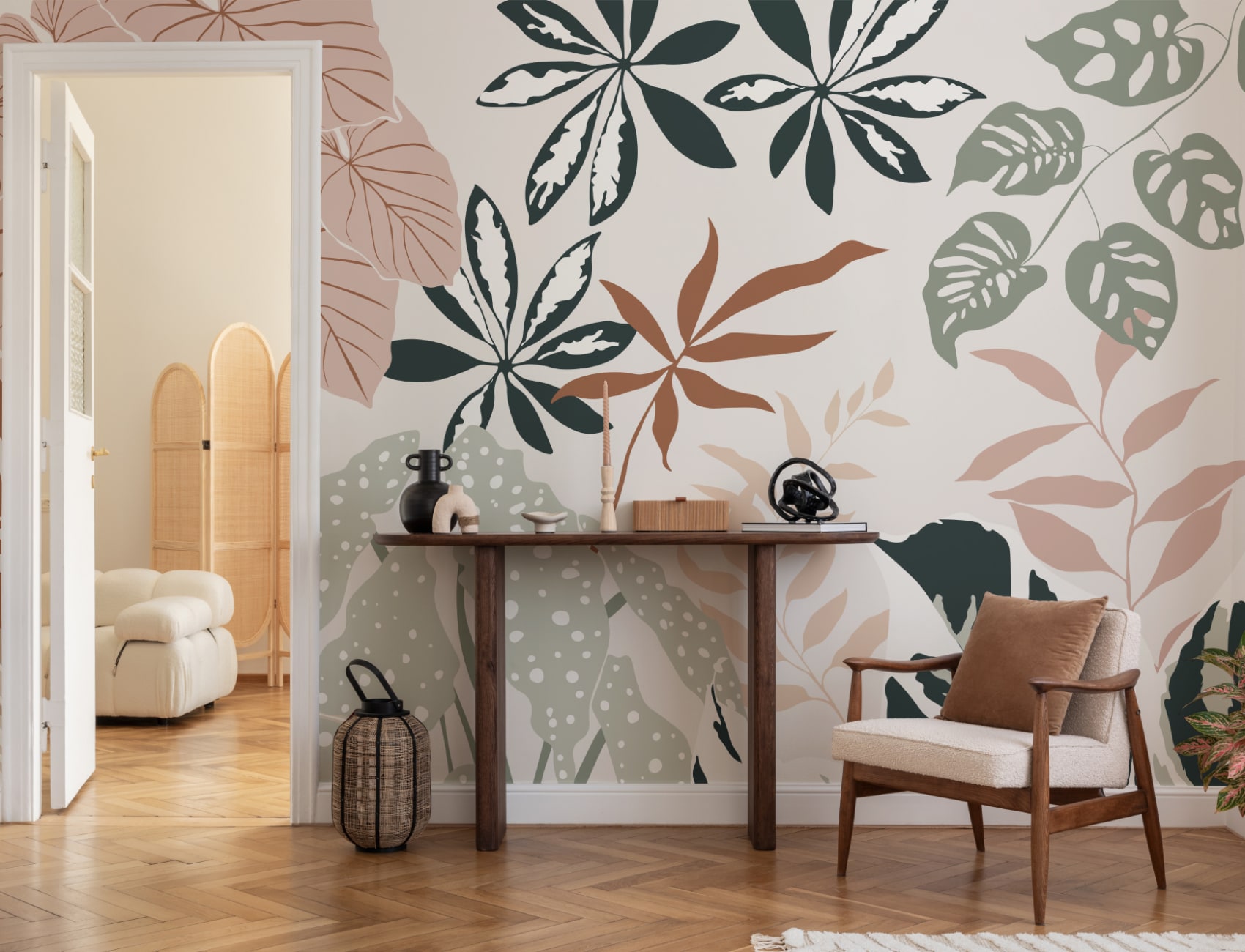 Neutral and Green Modern Botanical Plants Wallpaper Mural