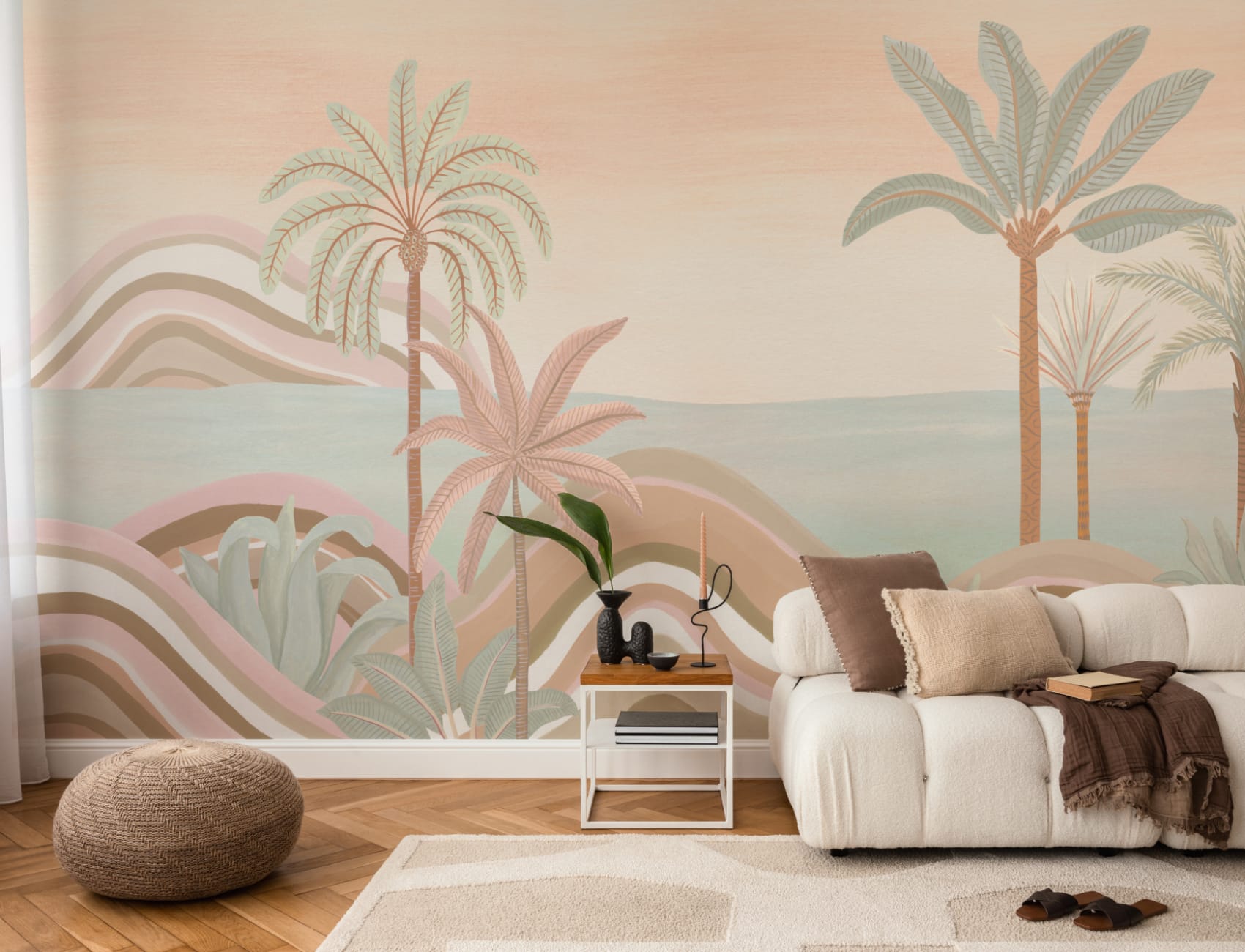 Mural de paisagem tropical em pastel